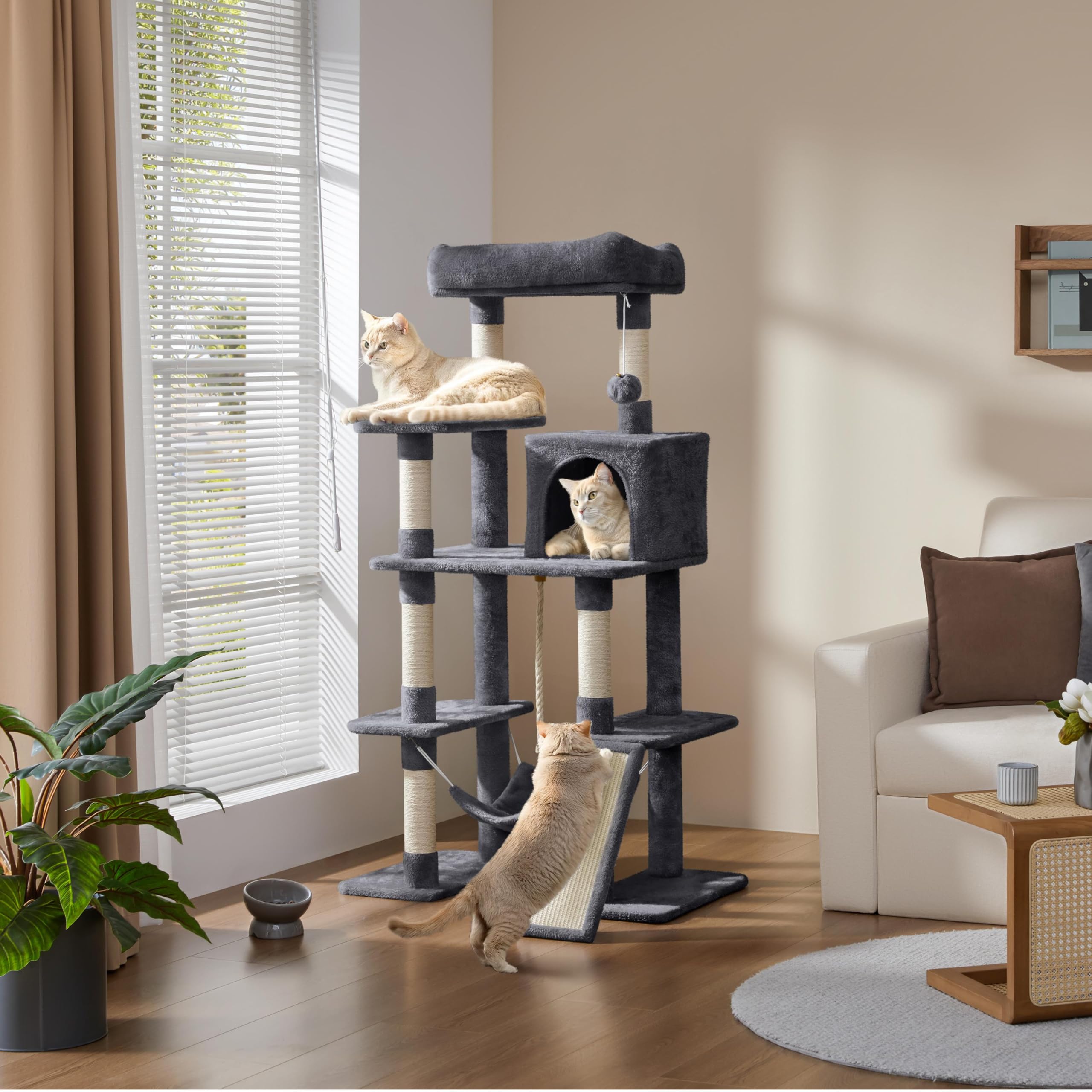 Yaheetech 54in Cat Tree Tower, Multi-Level Pet Stand Furniture with Hammock Scratching Posts Condo Extended Platform for Indoor