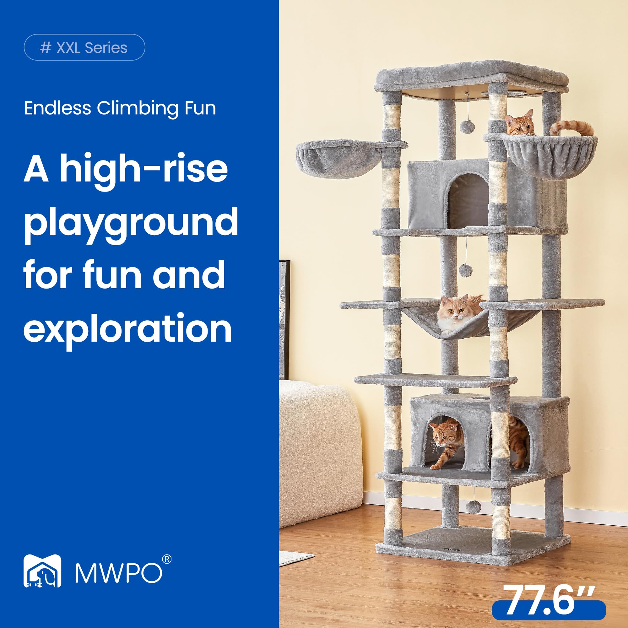 MWPO Extra Large Cat Tree, 77.6-Inch Tall, Light Grey, Engineered Wood, 2 Condos, 3 Hammocks, Model US-B871B