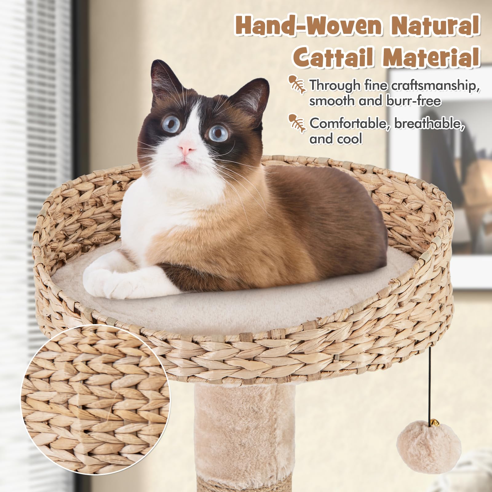 Petsite 65 Inch Cattail Cat Tree Tower, Multi-Level Cat Tower With Natural Jute Scratching Posts, Cat Bed, Top Perch, Dangling B