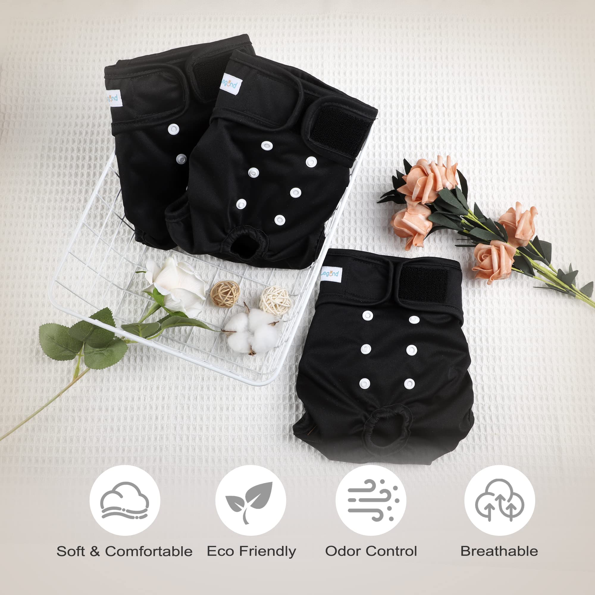 Paw Legend Washable Female Dog Diapers, Small (11.5''-15'' Waist), Black Polyester, 3 Pack
