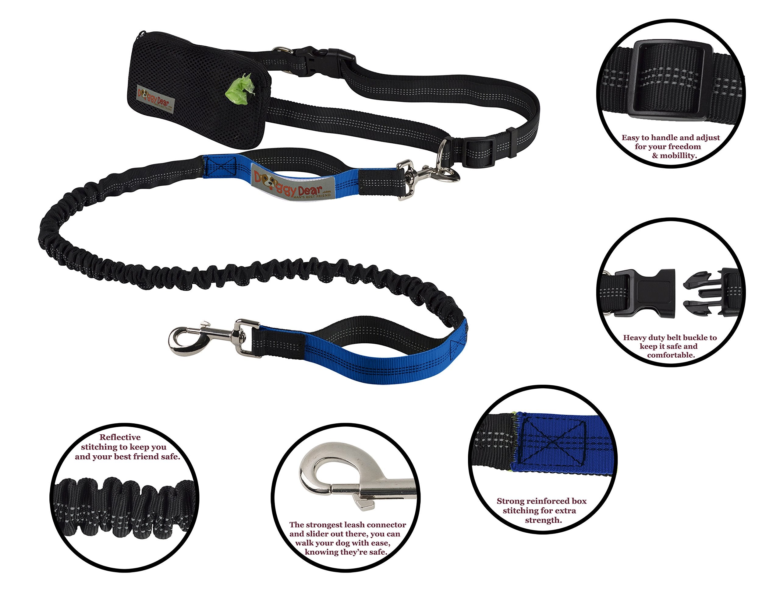 Doggy Dear Retractable Hands Free Dual Bungee Dog Leash for Running, Walking, Hiking, Reflective Stitching