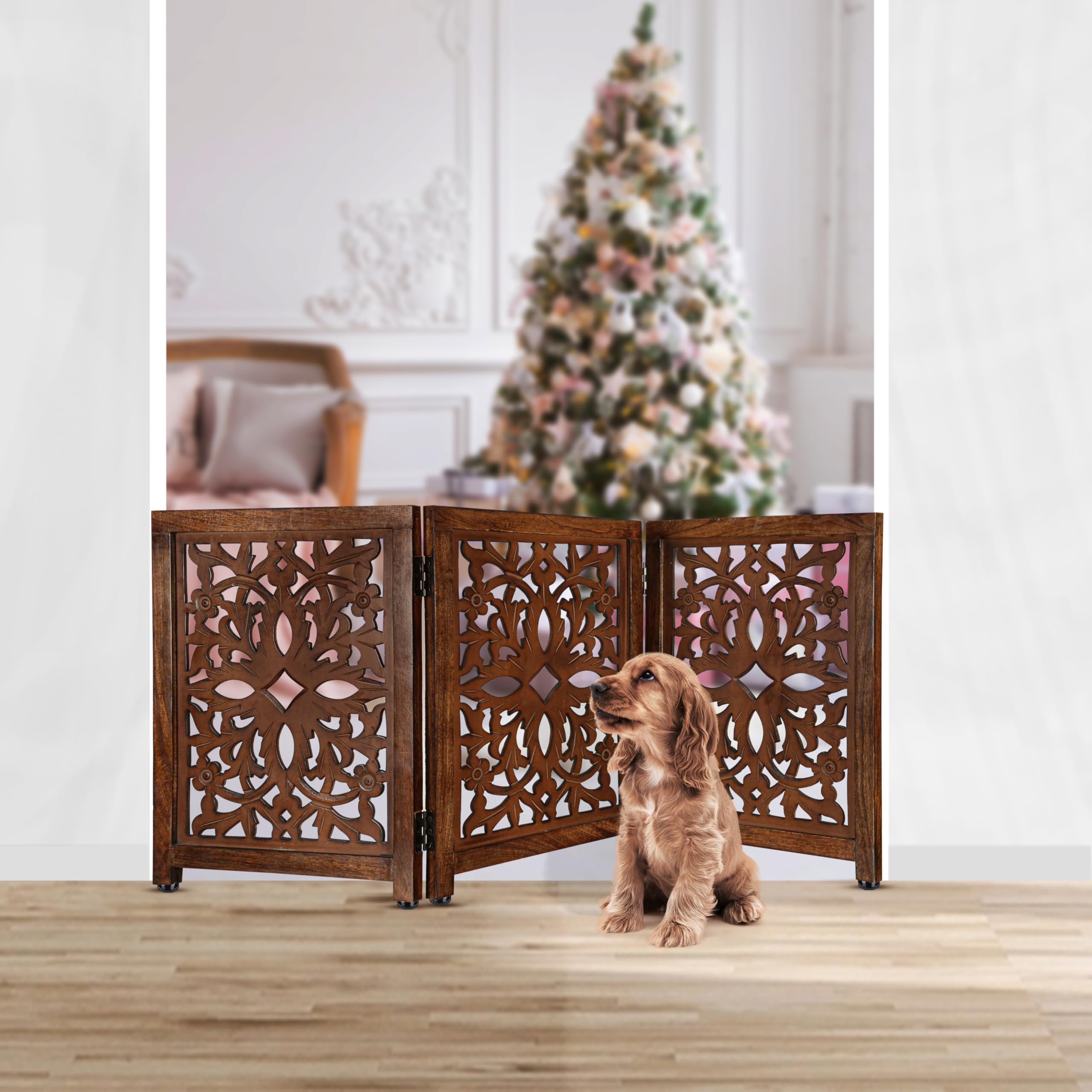 Lightnpro Wooden Pet Gate - Foldable Carved Dog Gate, Extra-Wide Freestanding Indoor Safety Barrier for Dogs & Cats, Perfect for