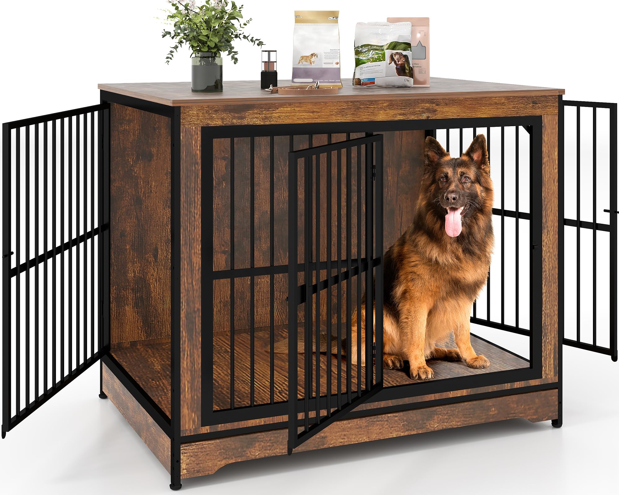 Yafylly 42 in Dog Crate, XL Dog Crate Furniture with 3 Doors, Wooden Dog Furniture Crate for Medium Dogs Large Breed, Heavy Duty
