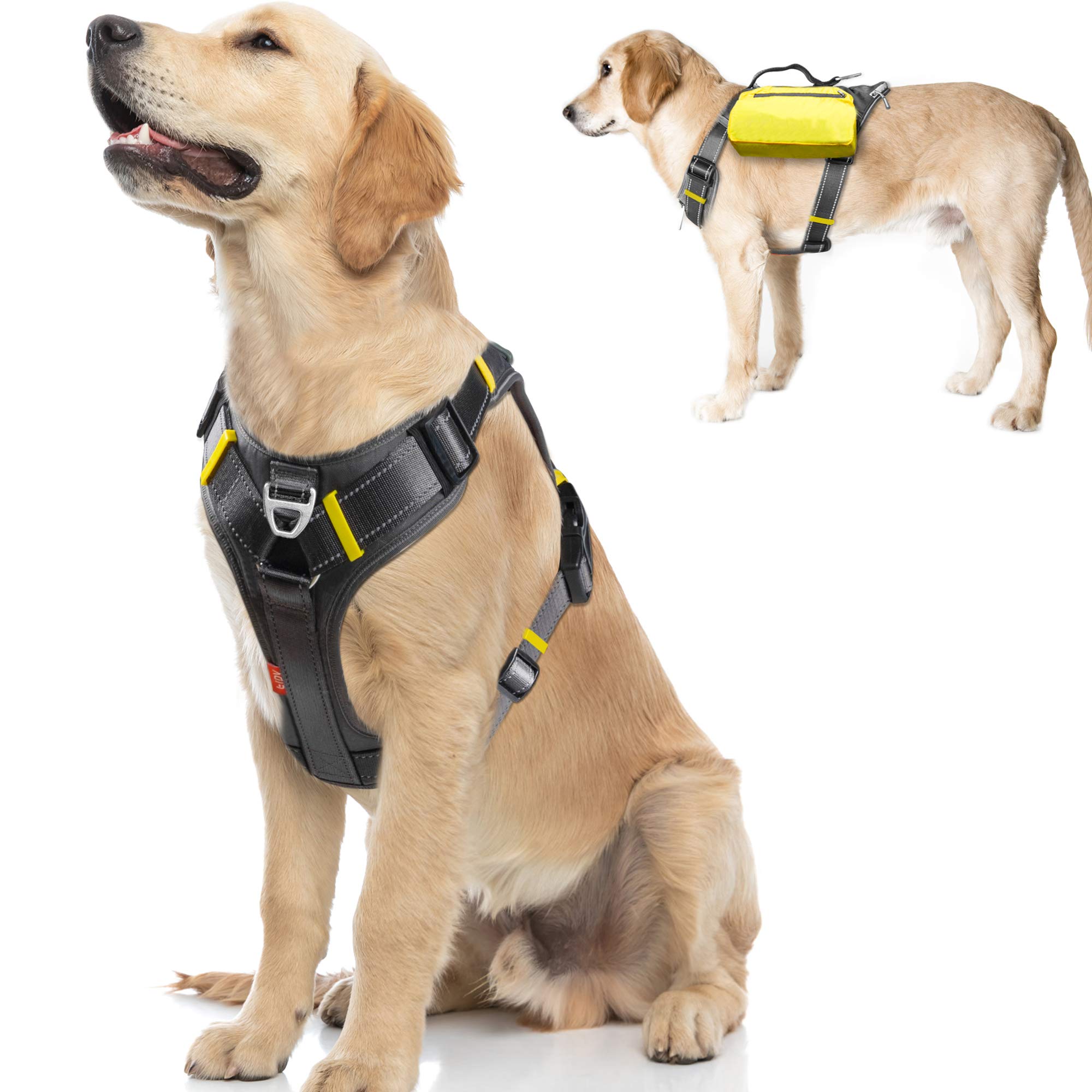 Fida Dog Harness, Multi-Functional No-Pull Pet Vest Harness with Saddle Bags Backpack, Front Leash Clip, Adjustable Soft Padded 