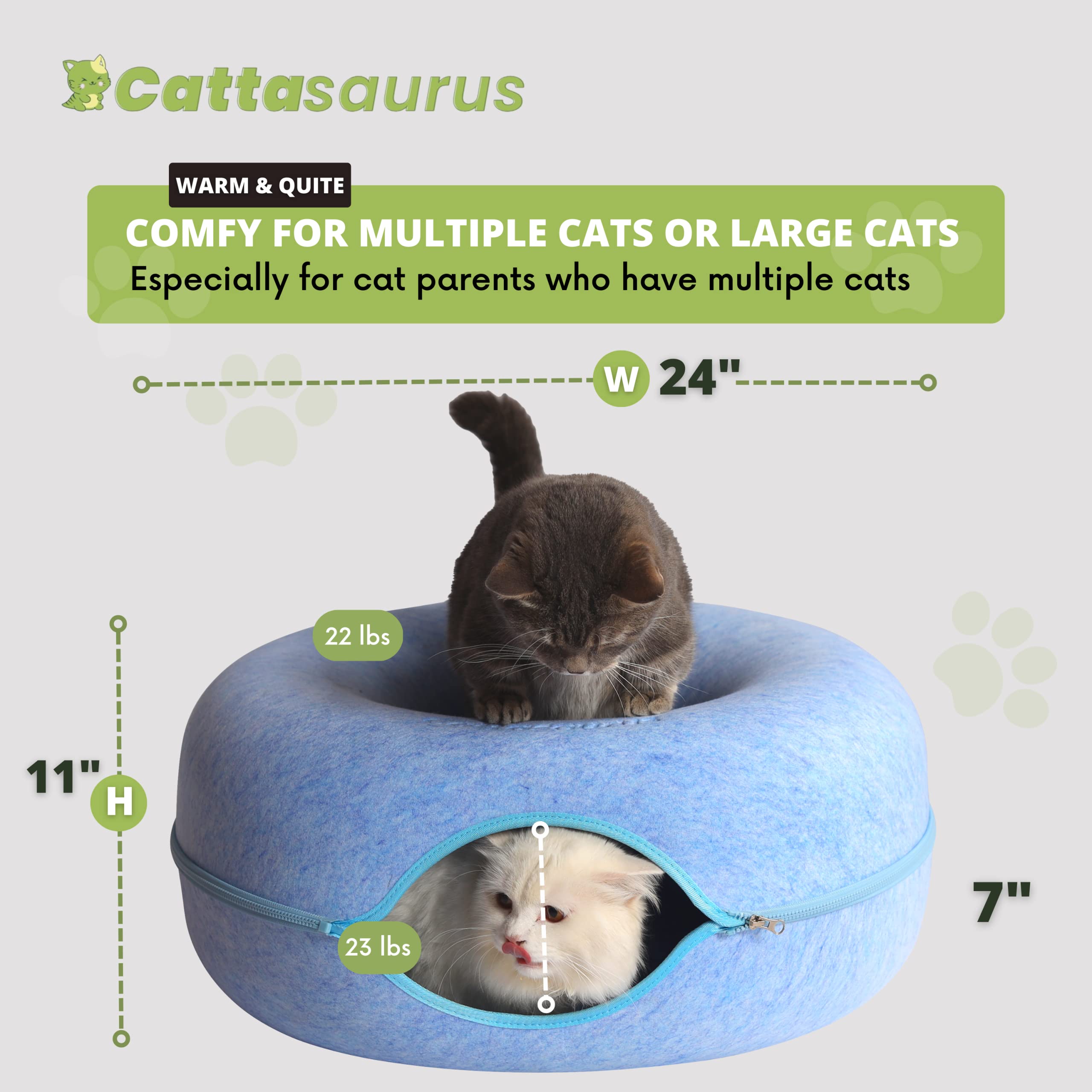 Cattasaurus Peekaboo Cat Cave For Multiple & Large Cats Up To 30-45 Lbs, Scratch Detachable & Washable Tunnel Bed, Comfy Donut Cat Cave (Blue, Large)