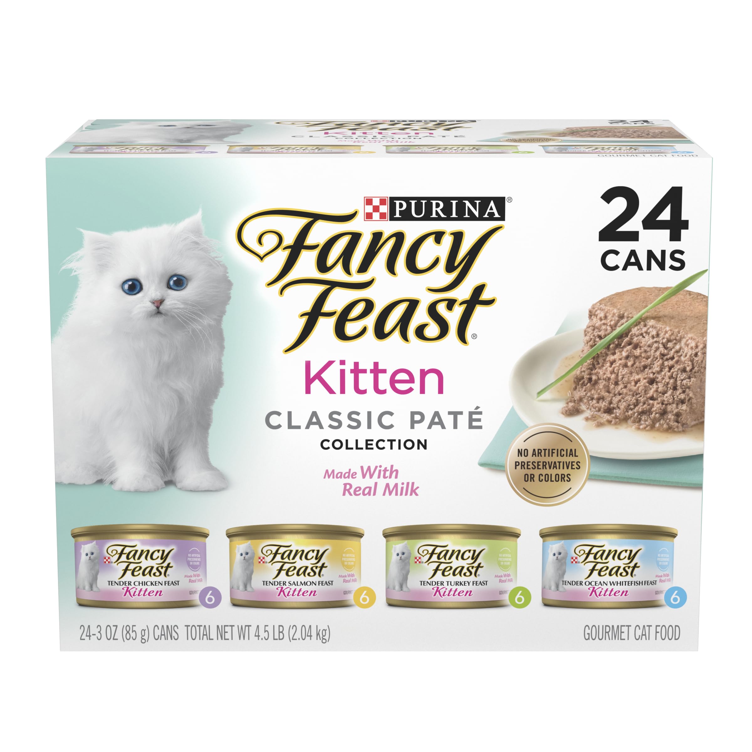 Purina Fancy Feast Tender Ocean Whitefish, Turkey, Chicken and Salmon Feasts Wet Kitten Food Variety Pack - (Pack of 24) 3 oz. B