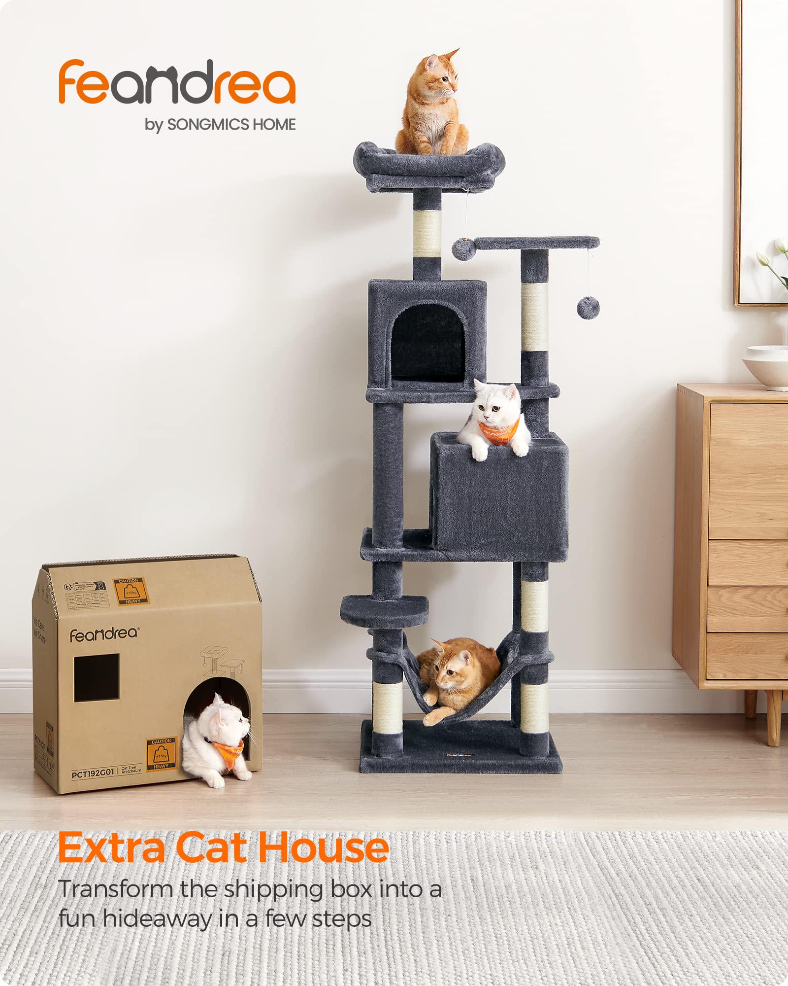 Feandrea 61-Inch Cat Tree - Plush Multi-Level Condo with 5 Scratching Posts, 2 Perches, 2 Caves, Hammock, Smoky Gray, Model UPCT