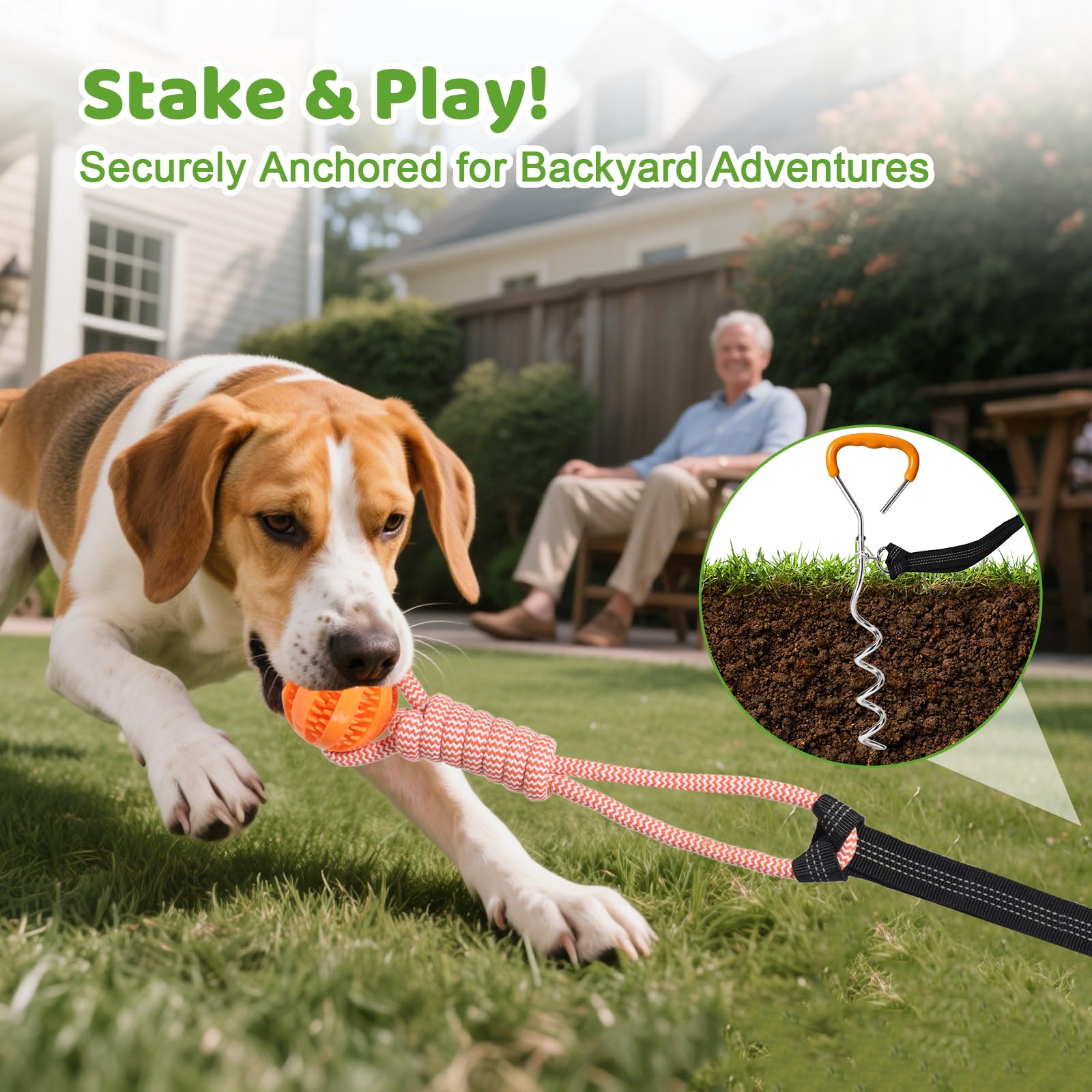 EIODEAR Bungee Tether Tug Dog Toy - Large Orange Cotton Interactive Toy with Stake & 2 Puzzle Balls for Tug of War