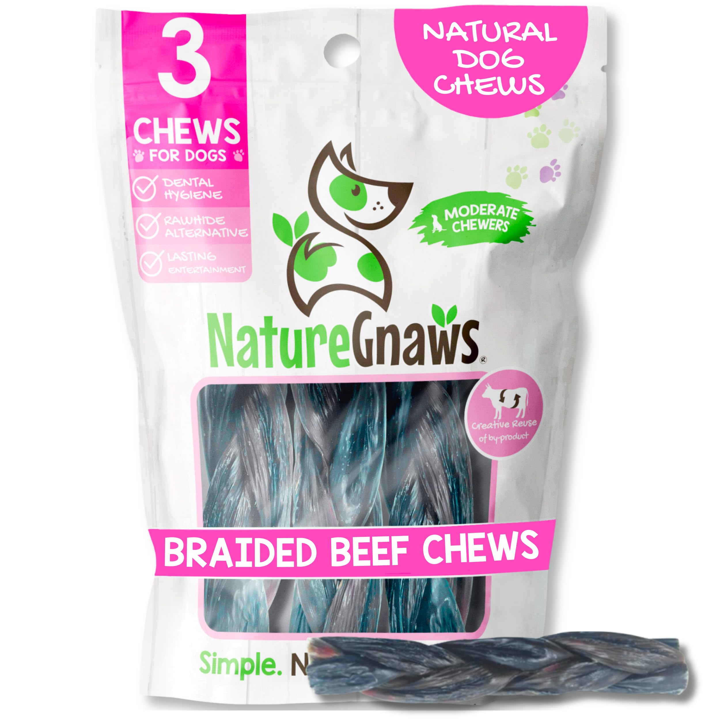 Nature Gnaws Braided Beef Chews for Dogs 5-6 (3 Count) - Long Lasting for Small and Medium Dogs - Natural Beef Gullet Jerky Dog 
