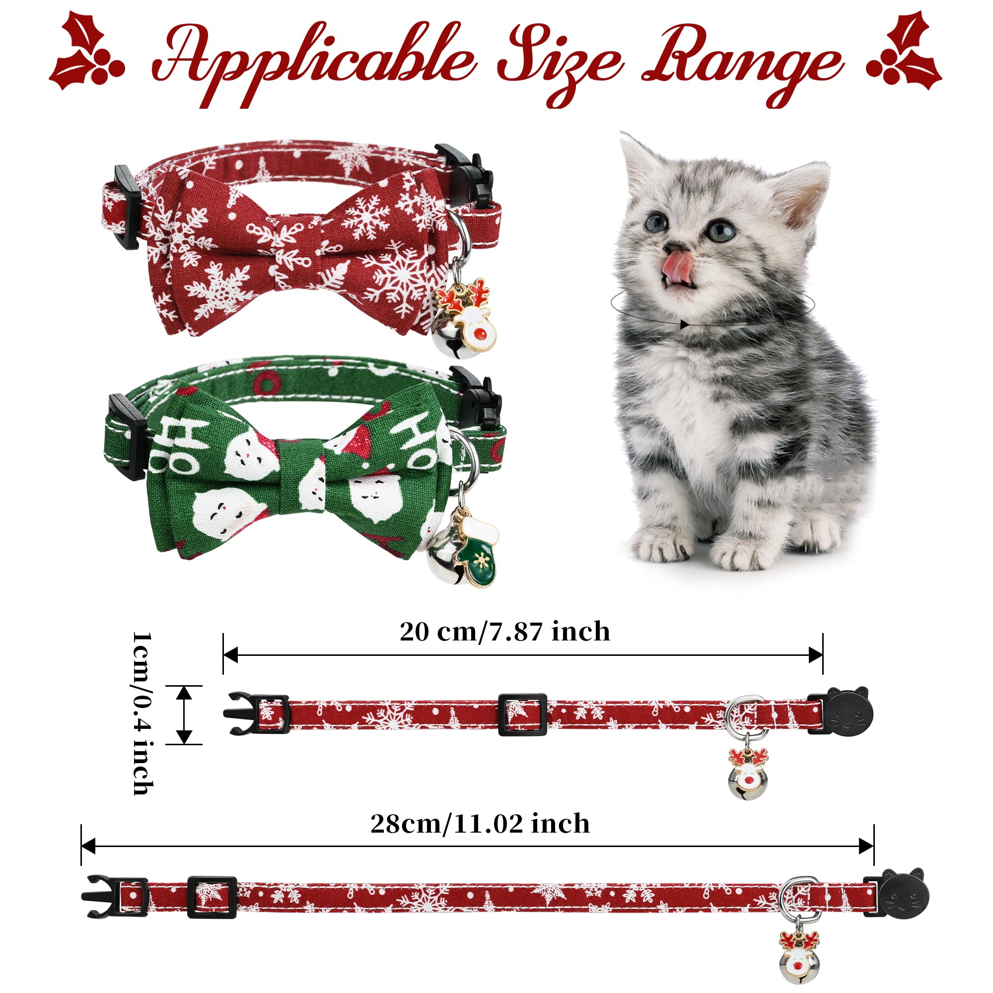 G-Ficu 2 Pack Christmas Cat Collar Breakaway With Cute Bow Tie Bell Charm, Snowflake Santa Claus Holiday Collars For Girl Boy Ca