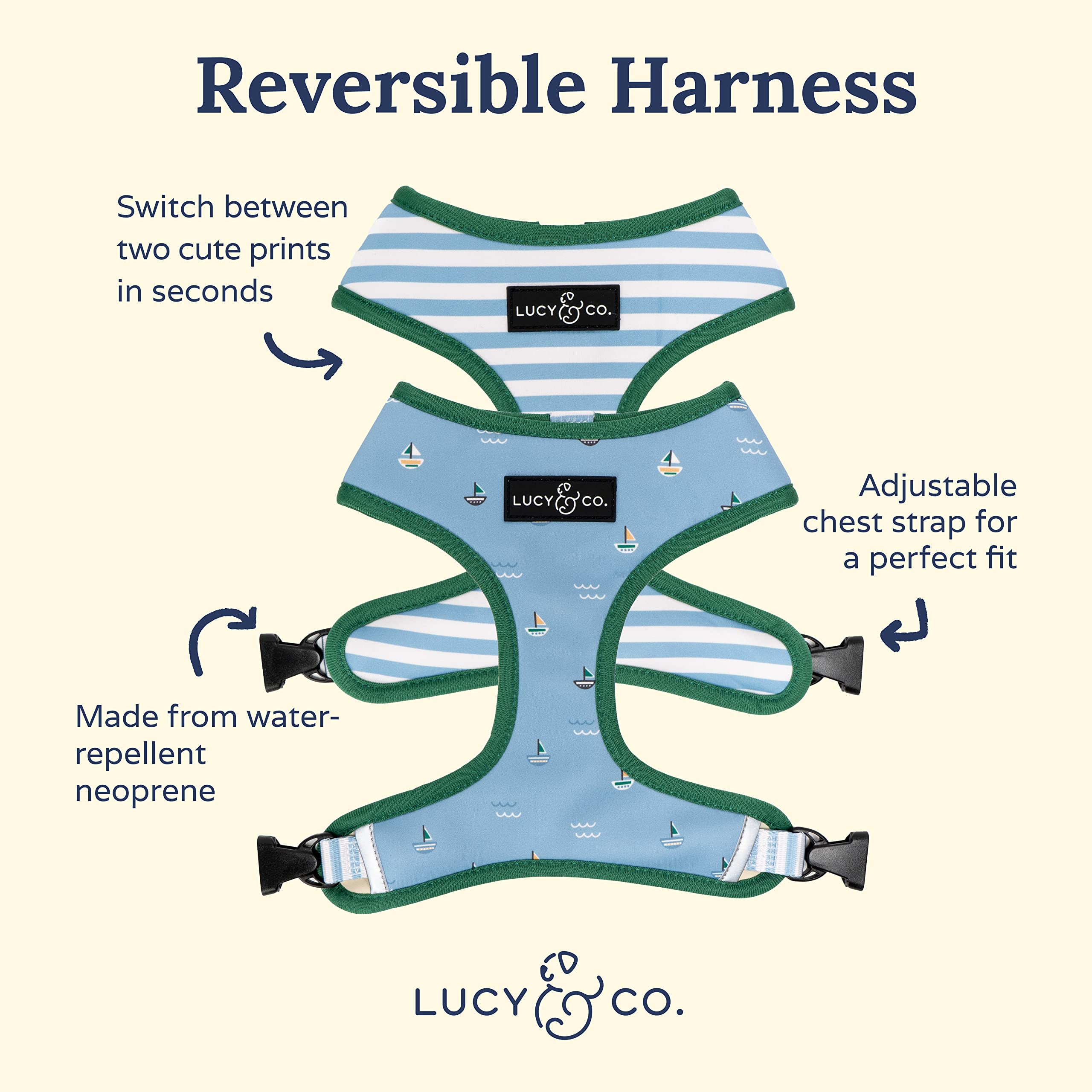 Lucy & Co. Set Sail Reversible Harness, Walking Halter - Best Designer Pet Harnesses For Large Dogs - Padded Adjustable Vest For