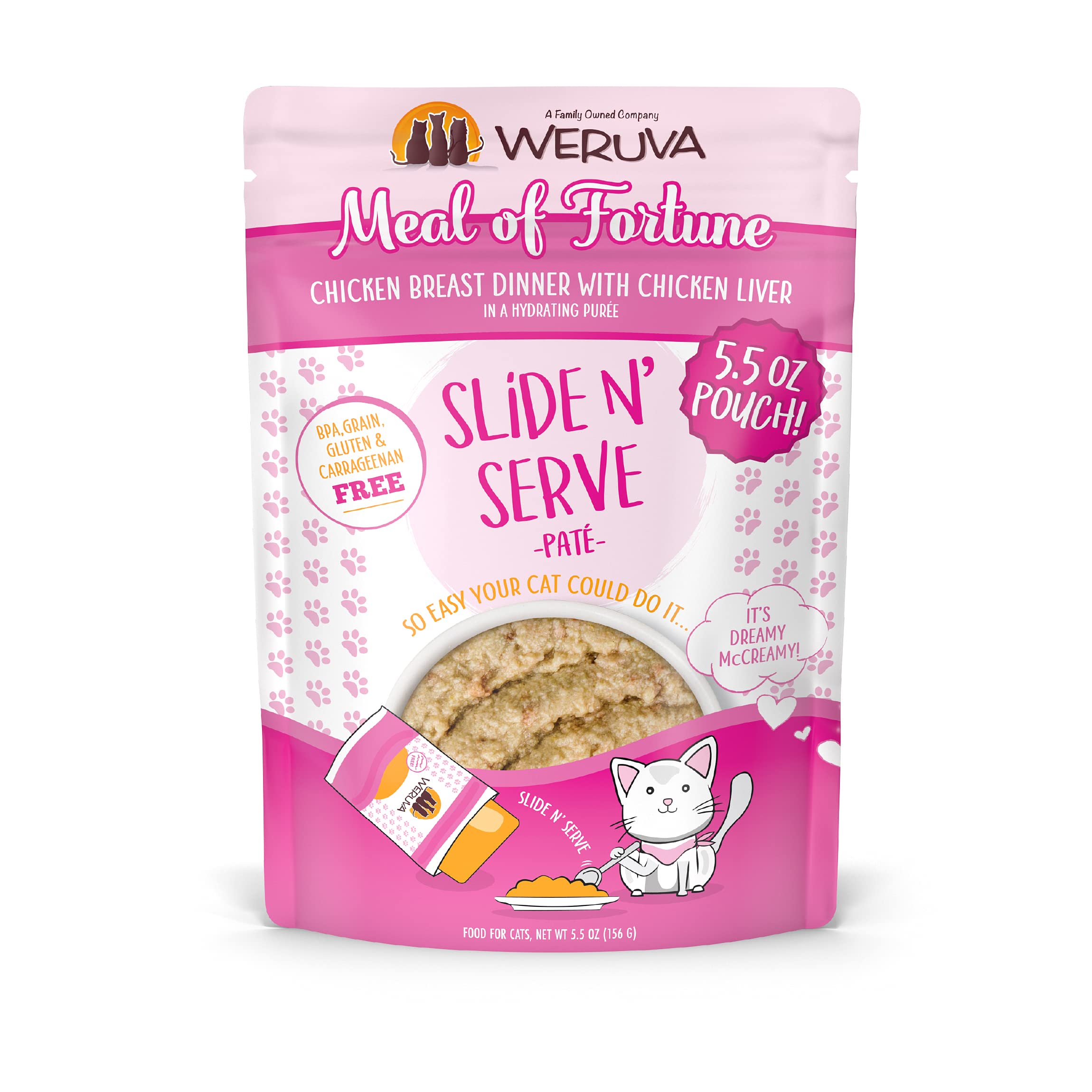 Weruva Wet Cat Food, Meal of Fortune Chicken with Chicken Liver Pate, 5.5oz Slide N Serve Pouch, Pack of 12