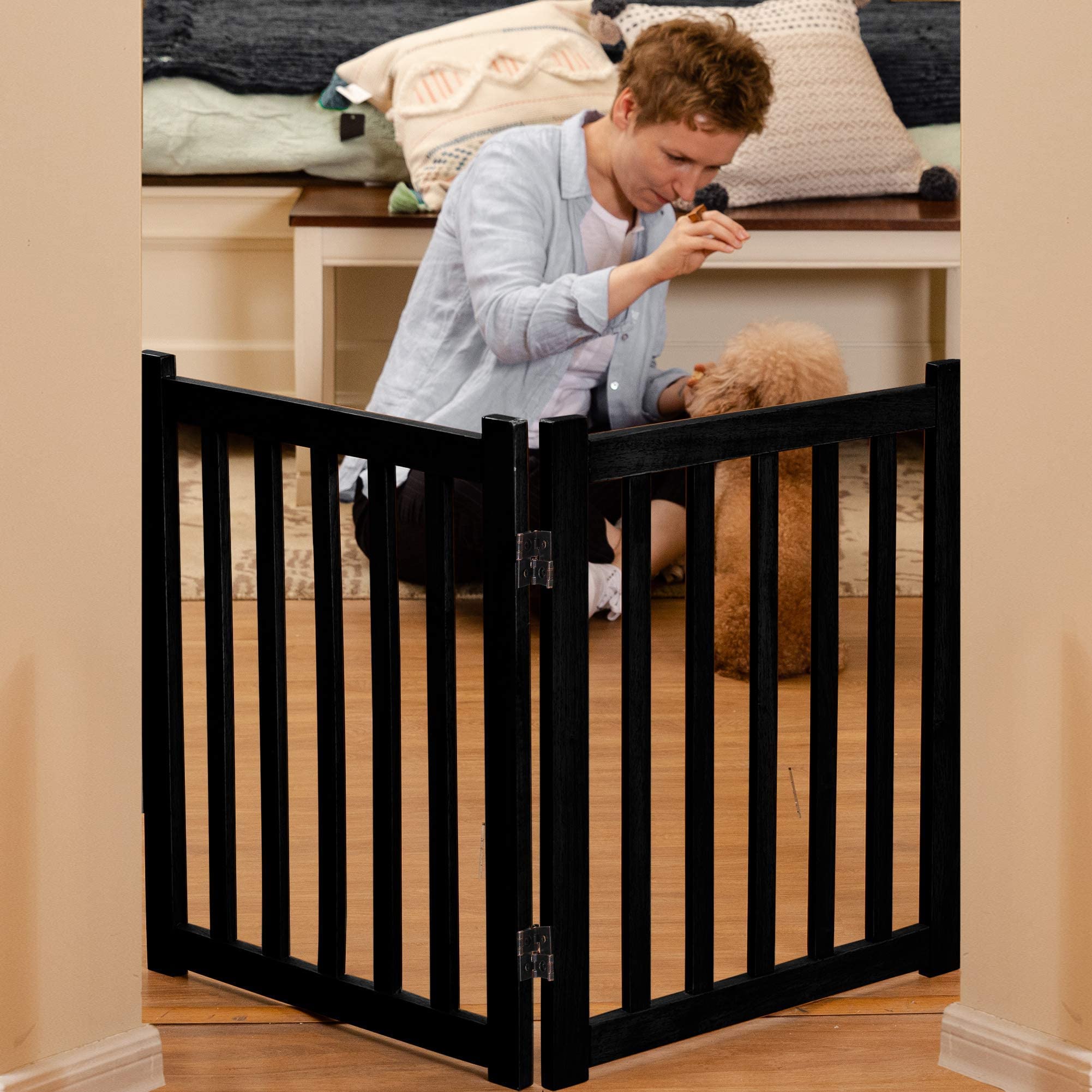 Lzrs 2-Panel Freestanding Adjustable Wooden Dog Gate ?Sturdy, Foldable Natural Solid Hardwood Pet Barrier With Stylish Design For Small Dogs And Narrow Spaces, Black