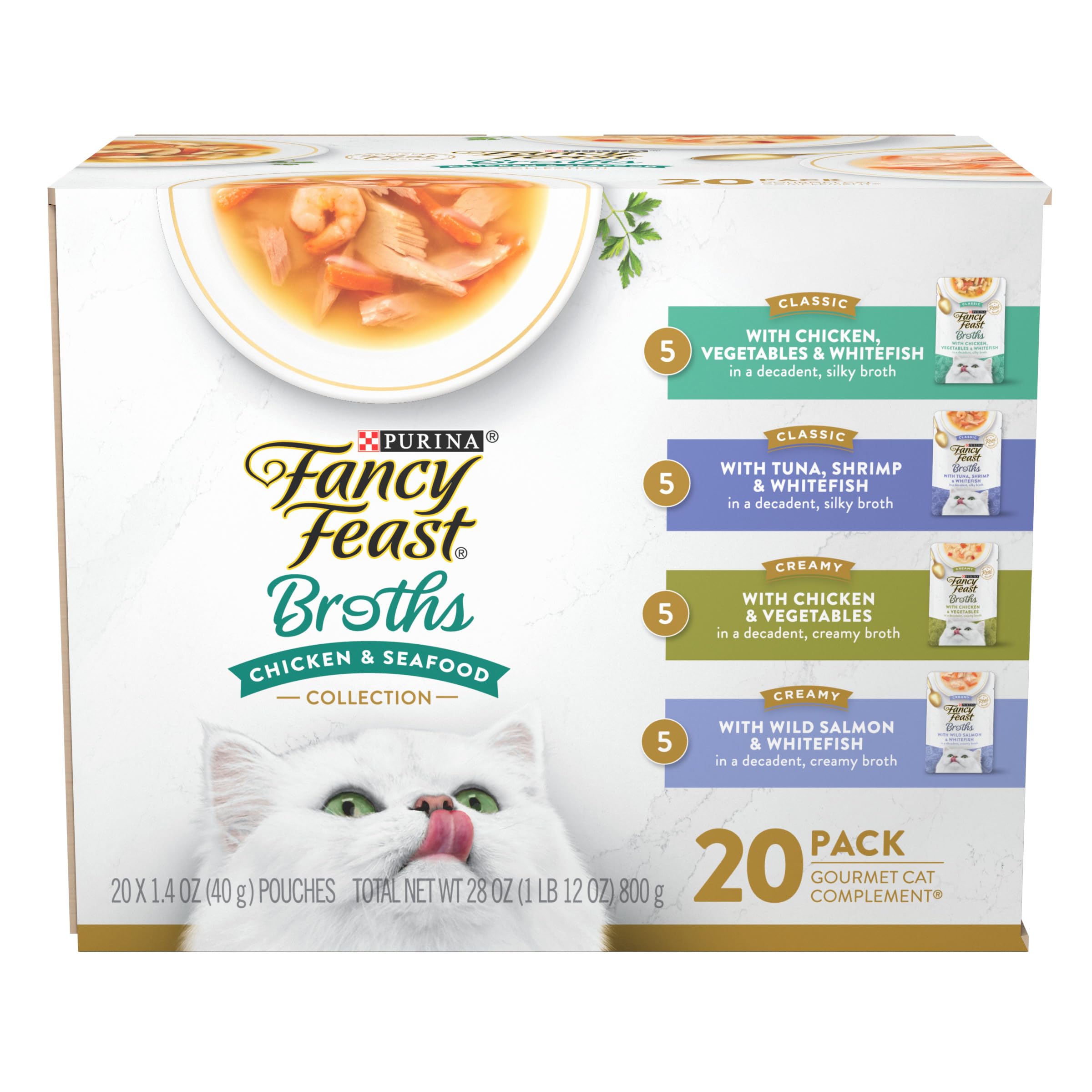 Purina Fancy Feast Broth Complement Chicken and Seafood Lickable Grain Free Wet Cat Food Variety Pack - (Pack of 20) 1.4 oz. Pou