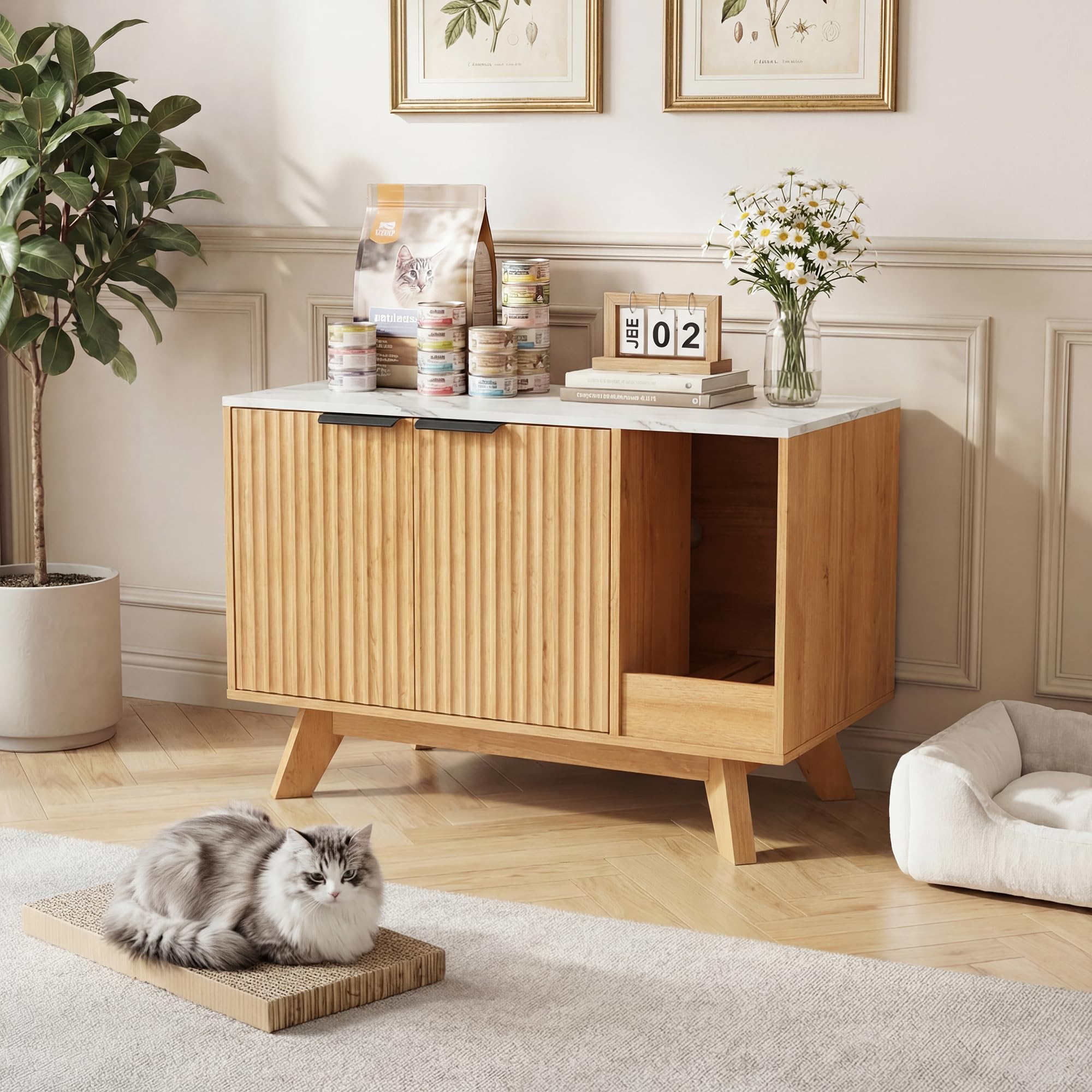 Seang Cat Litter Box Enclosure with Litter Collector,Fluted Hidden Litter Box Furniture with Scratch Pad,31 Wooden Cat Cabinet,C