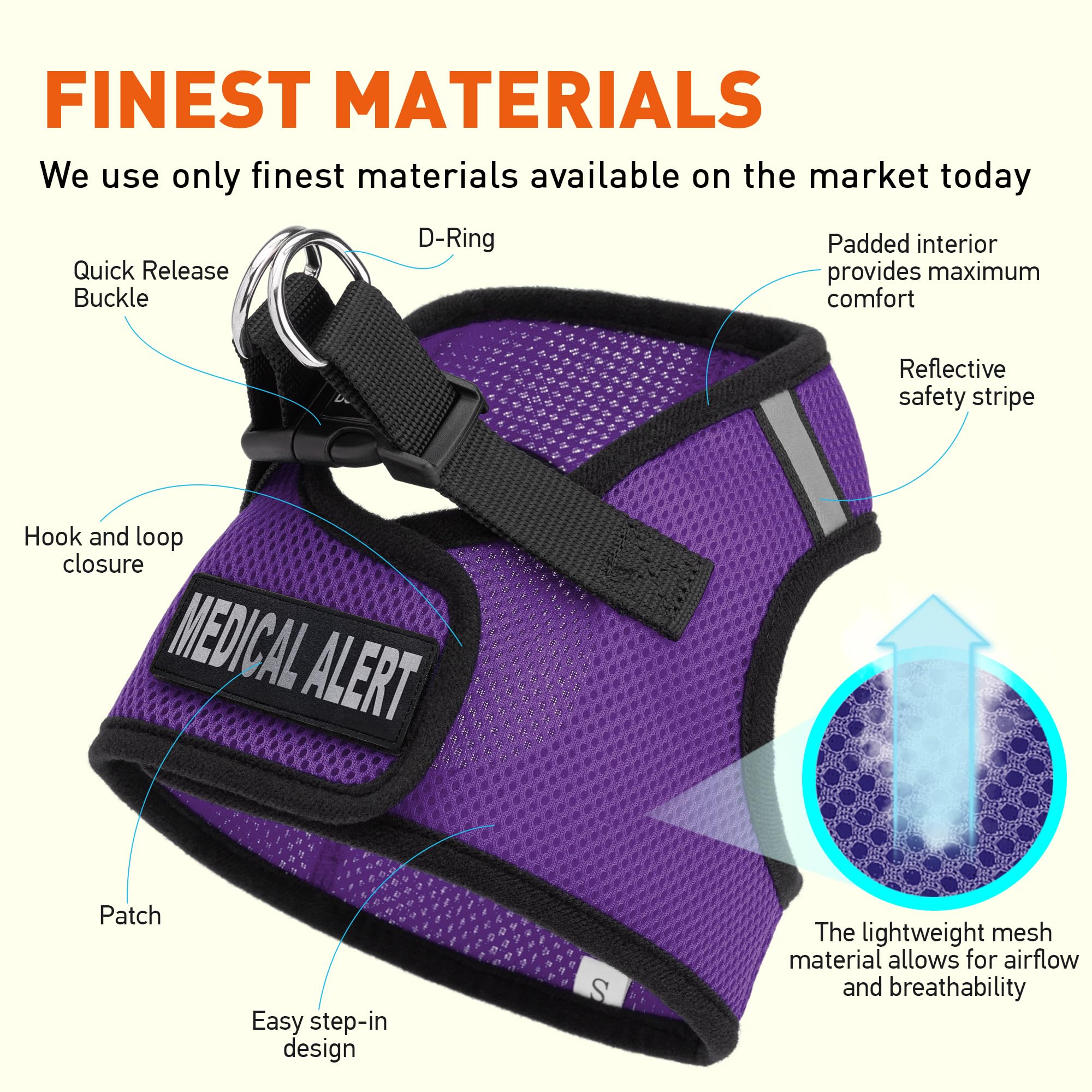 Dogline Boston Step In Mesh Dog Harness With Medical Alert Patch No Choke Pet Vest Soft Gentle Padded Chest Halter For Puppies S
