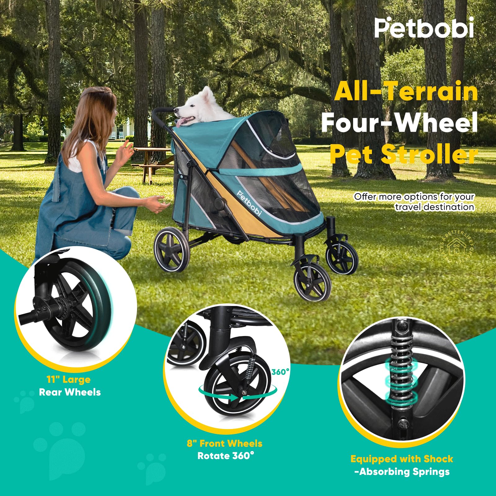 Petbobi Dog Stroller for Large Dogs - Easy Fold, Dual Entry, All Terrain, Green, up to 80 lbs