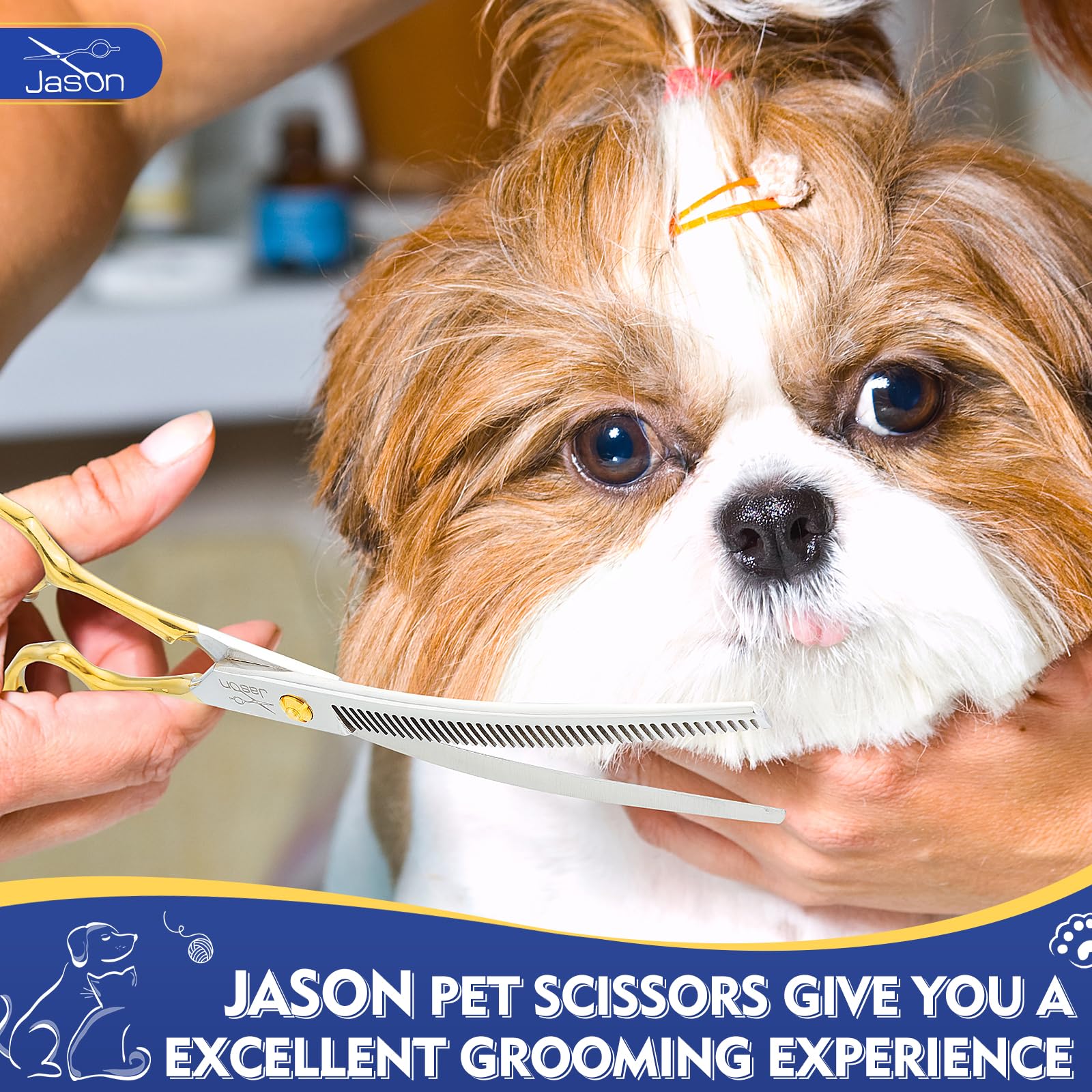 JASON Dog Grooming Scissors - 7.5" Curved Thinner, Ergonomic 440C Stainless Steel, Curved Blender Shears for Professional Groomers