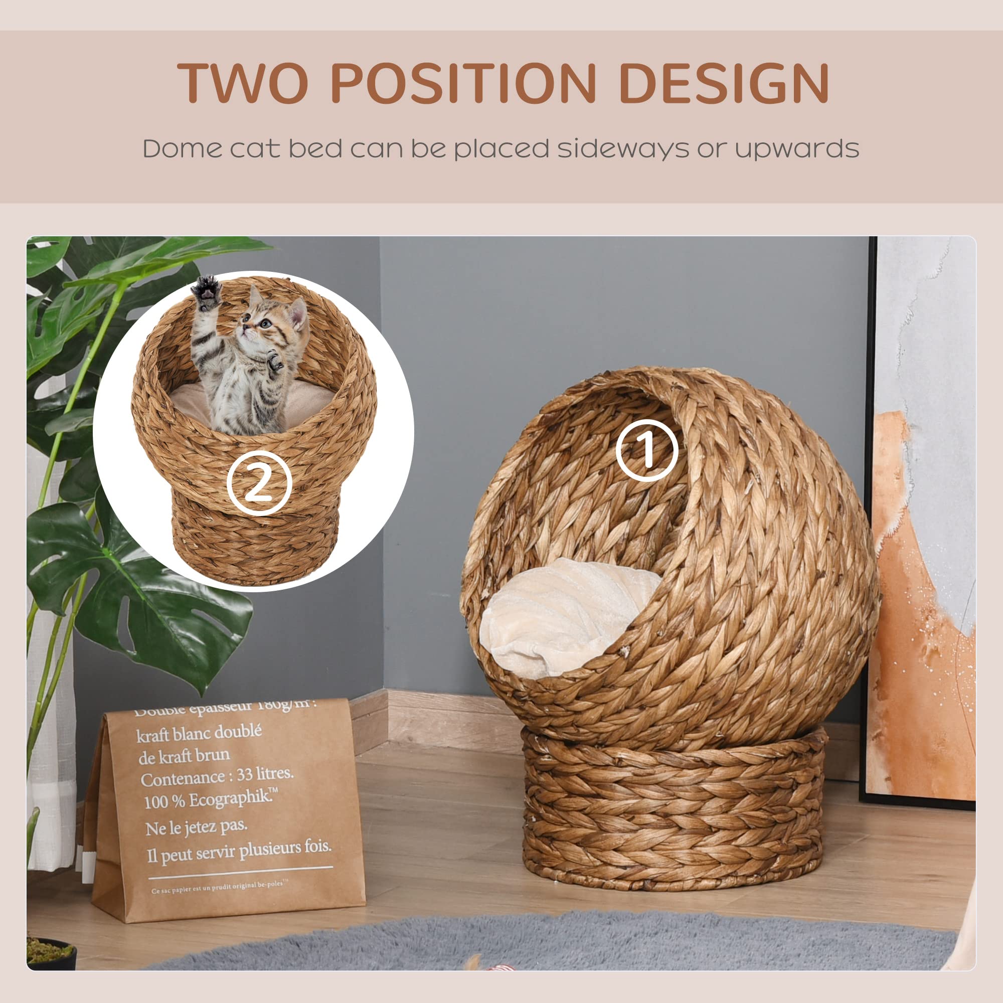 Pawhut Woven Banana Leaf Elevated Cat Bed House Basket Soft Cushion Dome Basket 50 X 42 X 60 Cm Brown