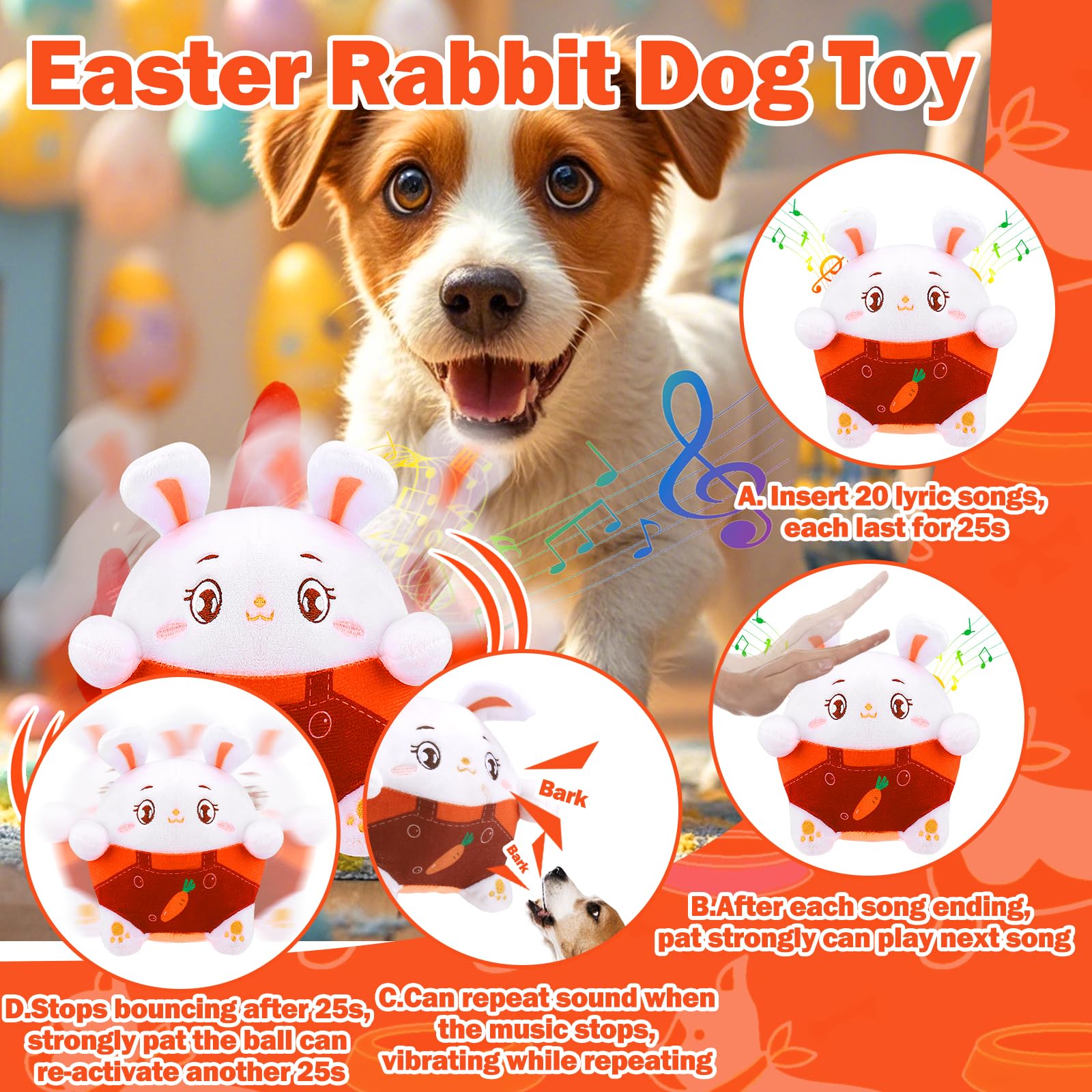 Interactive Dog Toys, Easter Dog Toys with Pop Songs & Recording Mode, Rechargeable Self Moving Ball for Small/Medium/Large Pupp