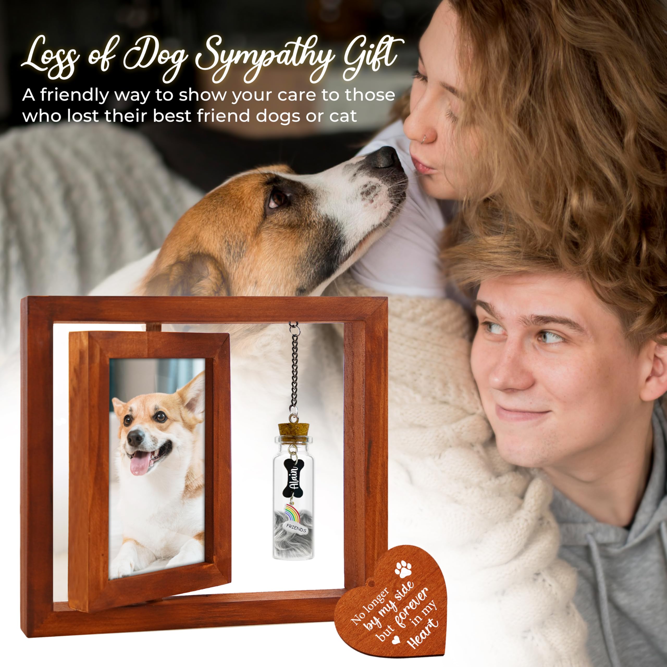 Vinatimes Wooden Rotating Pet Memorial Frame, 4x6, Walnut, Cat/Dog Keepsake, In Loving Memory, Heart Tag, Fur Jar, Sympathy Gift