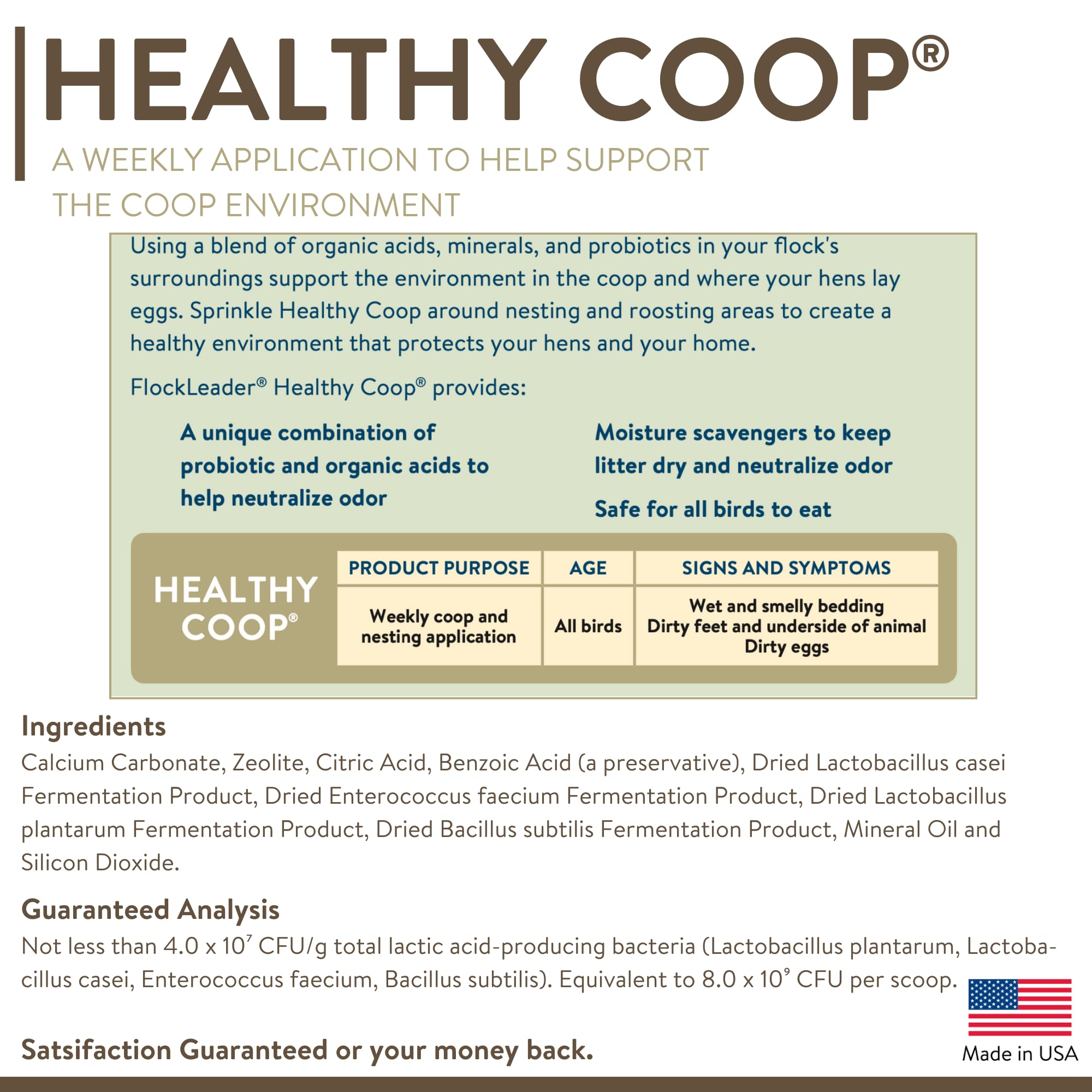 FlockLeader Healthy Coop, Litter Additive for Chicken Coop with Probiotic & Acidifier, Reduces Odor, Wetness & Bacteria, 12lbs
