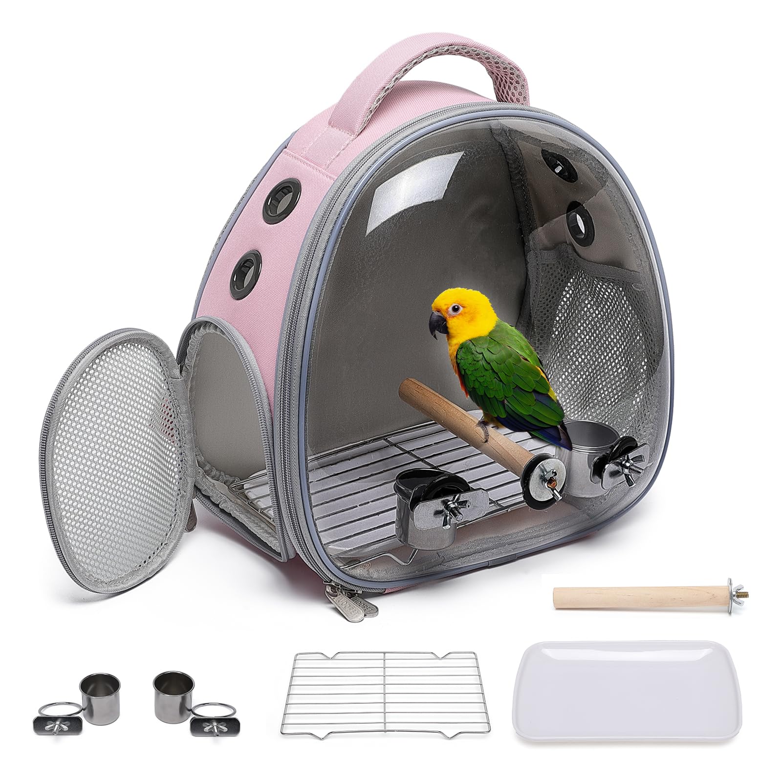 Ioview Bird Carrier Cage, Pet Travel Carrier Backpack with Standing Perch,Parrot Cockatiel Carrier Bag, Food Bowl for Lovebirds 