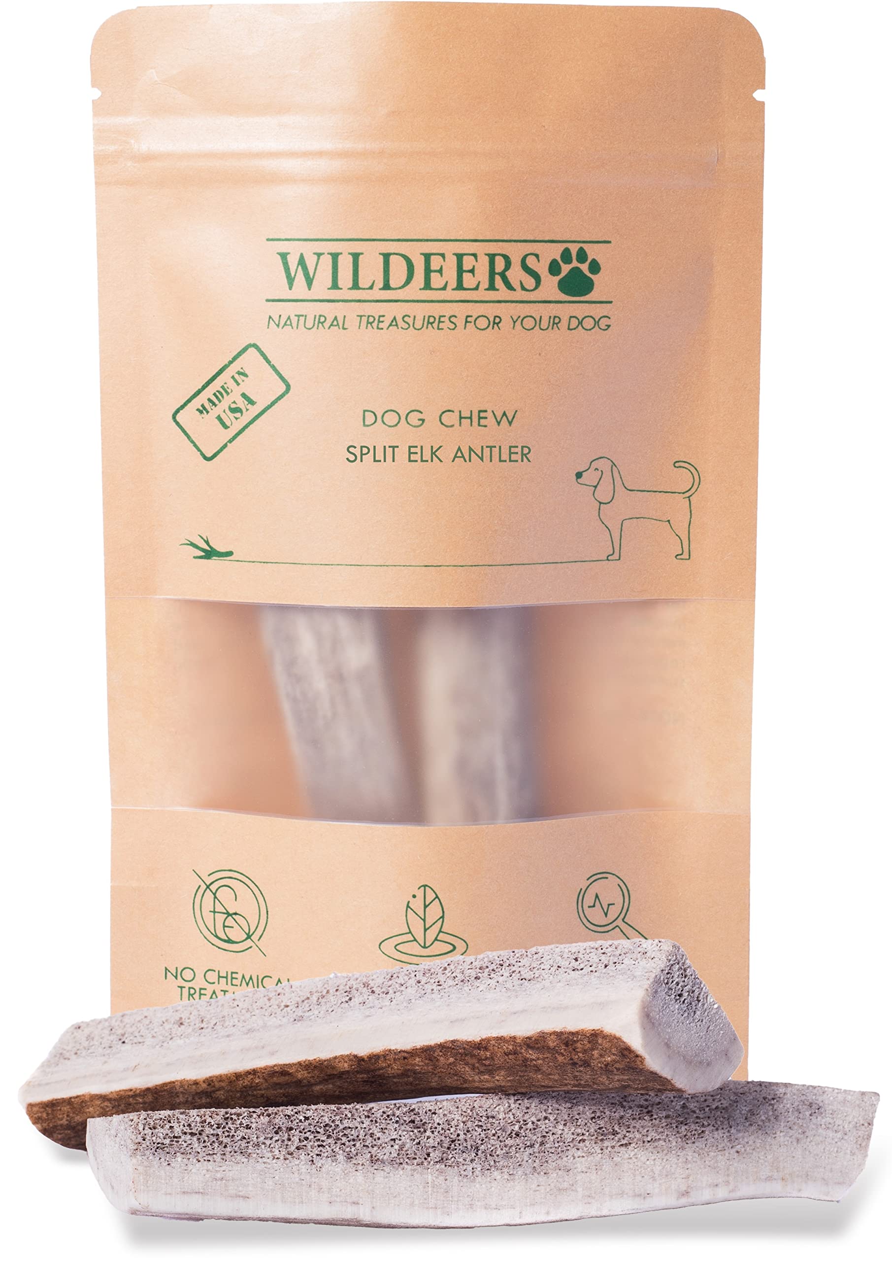 Wildeers Split Antlers for Small Dogs, 2-Pack, Made in USA, Grade A Elk Antler Dog Chew Bones for Puppies and Small Breeds, 4-5 