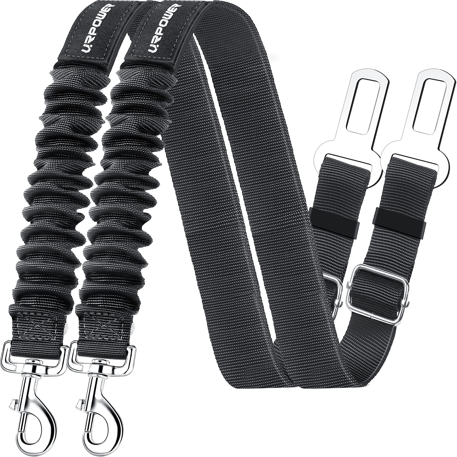 URPOWER 2 Pack Dog Seat Belt, Retractable Dog Car Harness Adjustable Pet Safety Belt with Elastic Bungee Buffer, Heavy Duty & Du