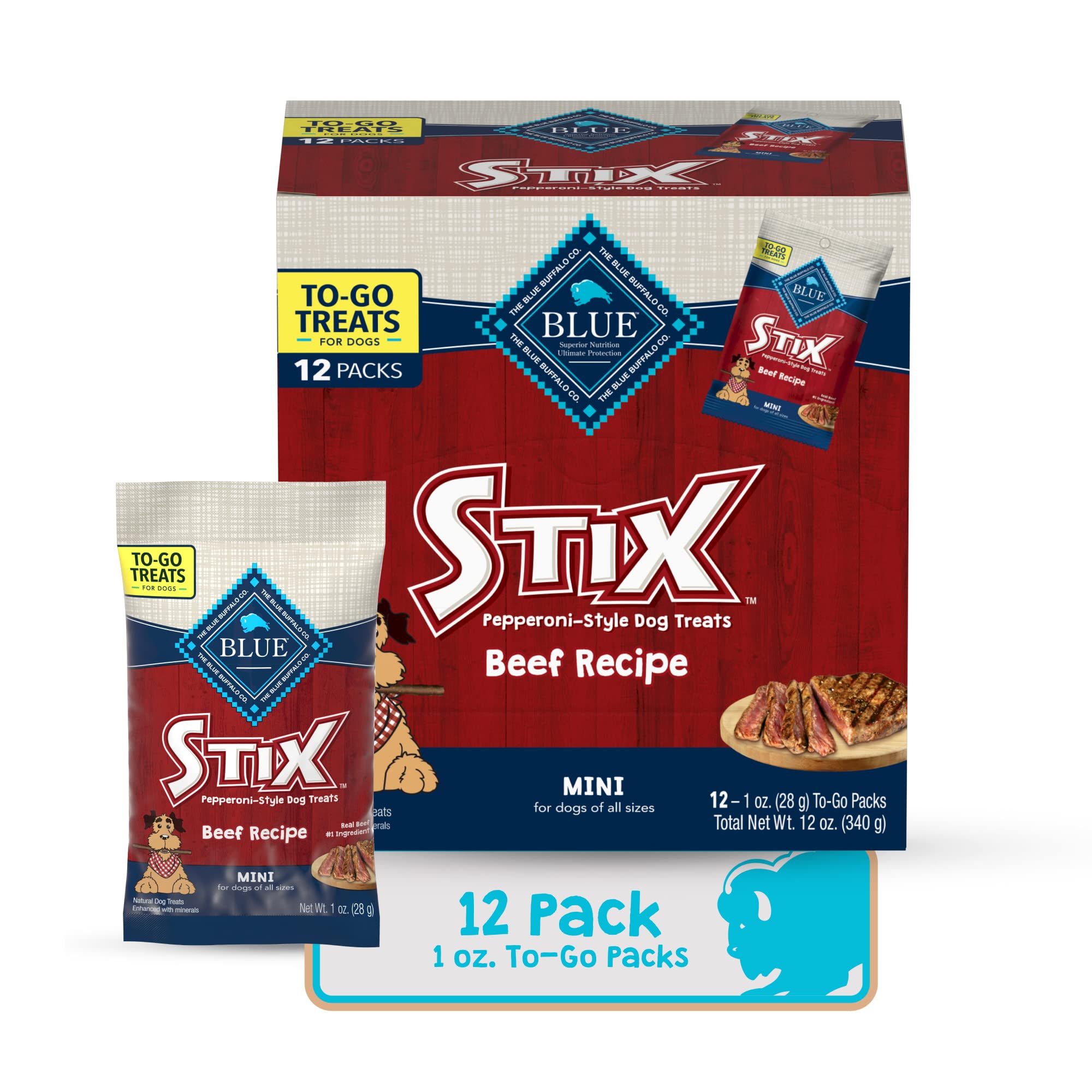 Blue Buffalo Stix Natural Soft Moist Dog Treats TOGO Beef Recipe, 1oz Bags, Pack of 12