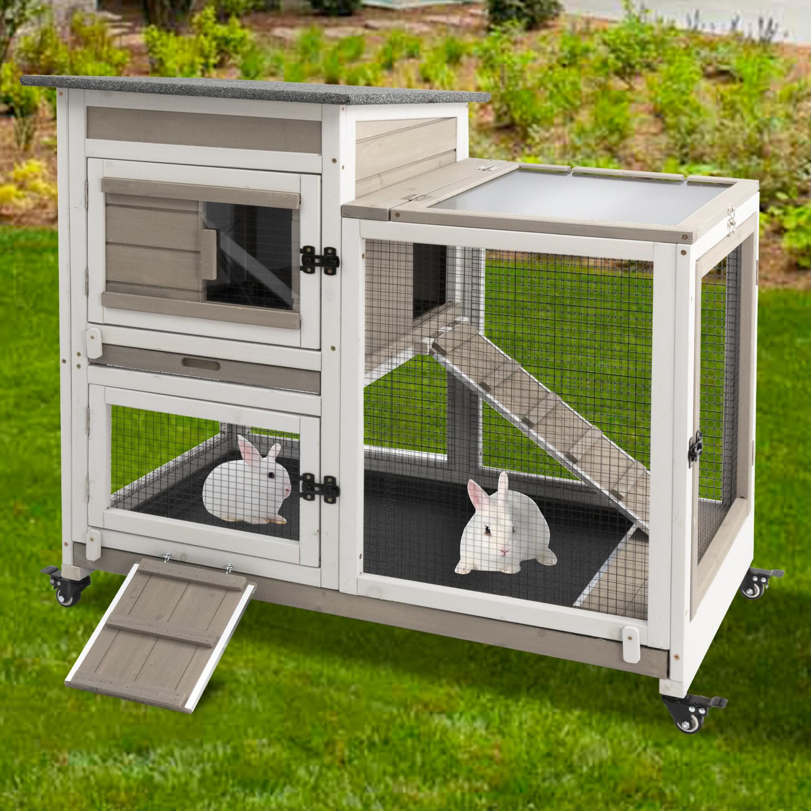 Gowoodhut 40  L Rabbit Hutch Indoor Wooden Bunny Hutch Outdoor 2 Story Rabbit Cage on Metal Wheels with Run and 2 Deeper Pull Ou