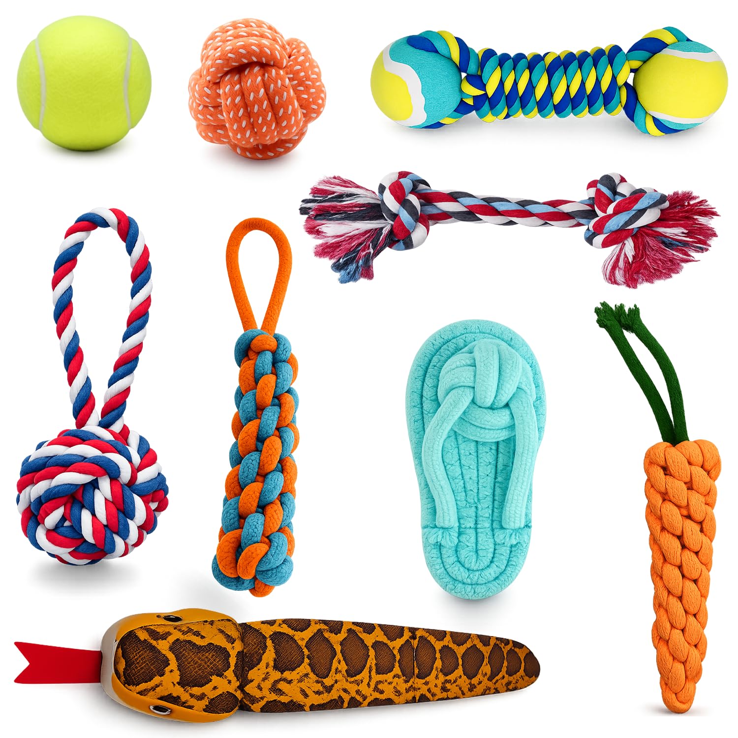 Emily Pets Dog Rope Toys Set Of 9 For Small & Medium Dogs | Interactive Chew Toys, Tug Rope, Tennis Ball, Carrot & Dumbbell For 