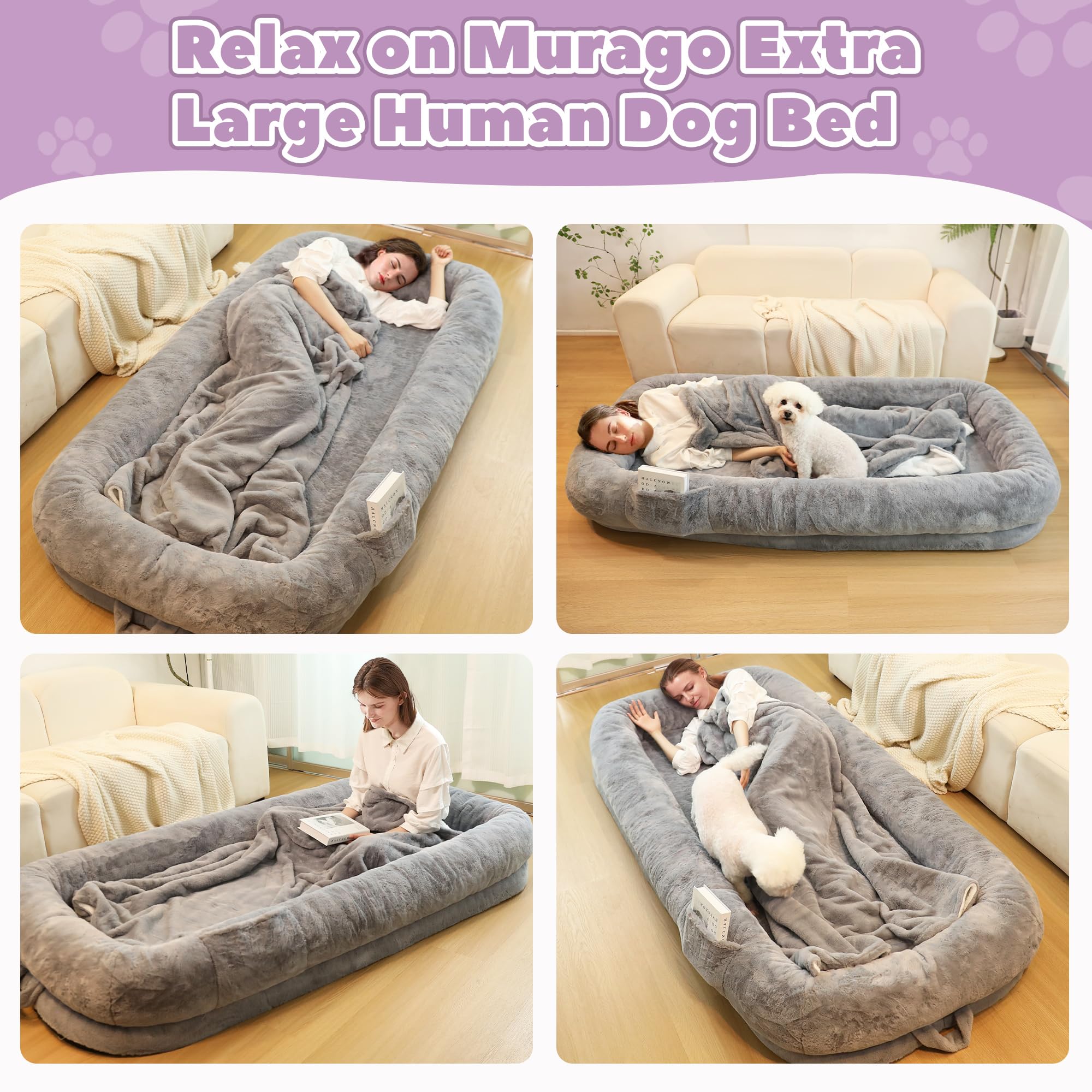 Murago Human Dog Bed For Adults, 71'' Long Human Size Dog Bed, Removable Cover, Washable, Waterproof, Orthopedic Design [Light G