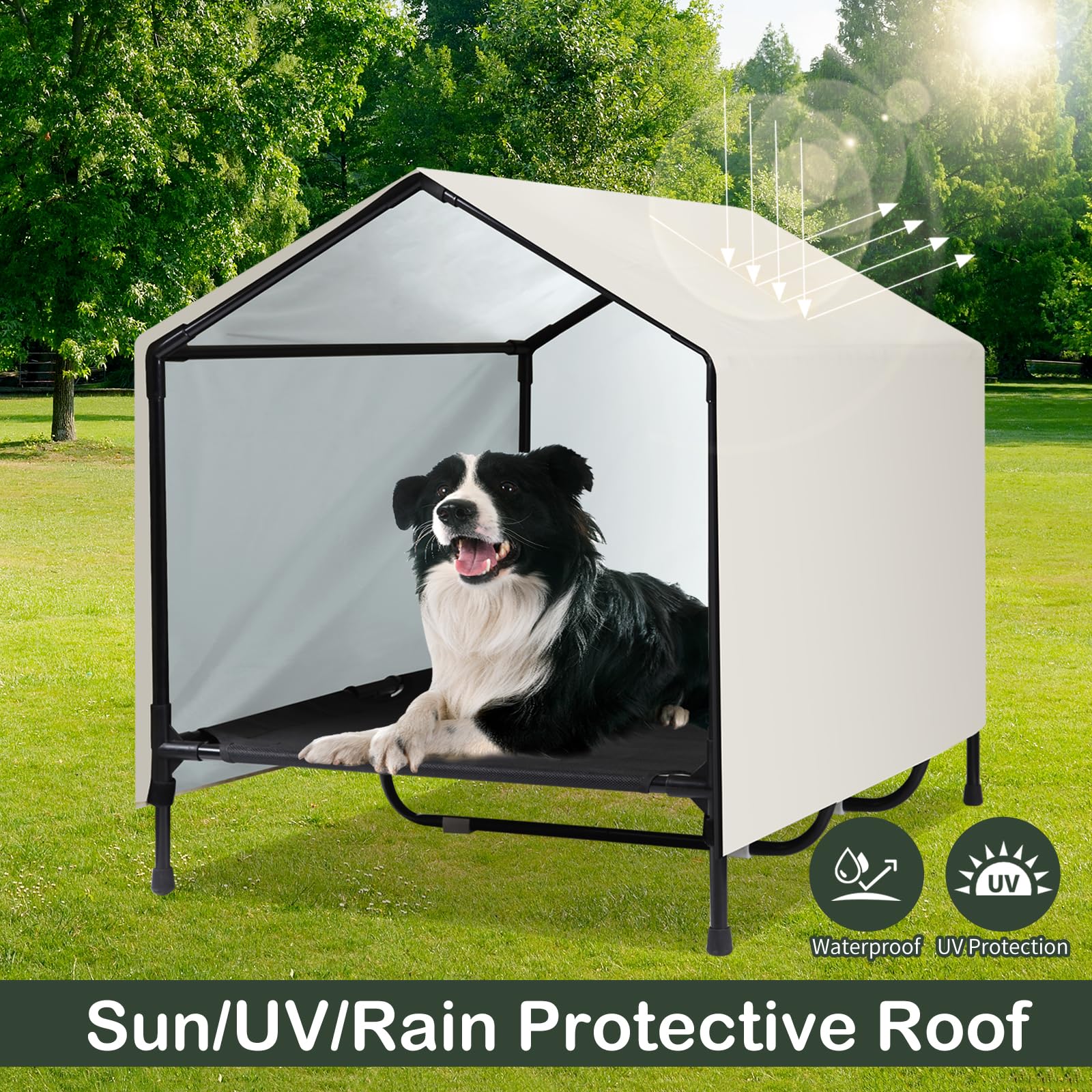 Caredpets Outdoor Indoor Dog House For Large Xl Xxl Jumbo Dogs | Xlarge Raised Elevated Dog Bed Cot With Canopy, Waterproof & Su
