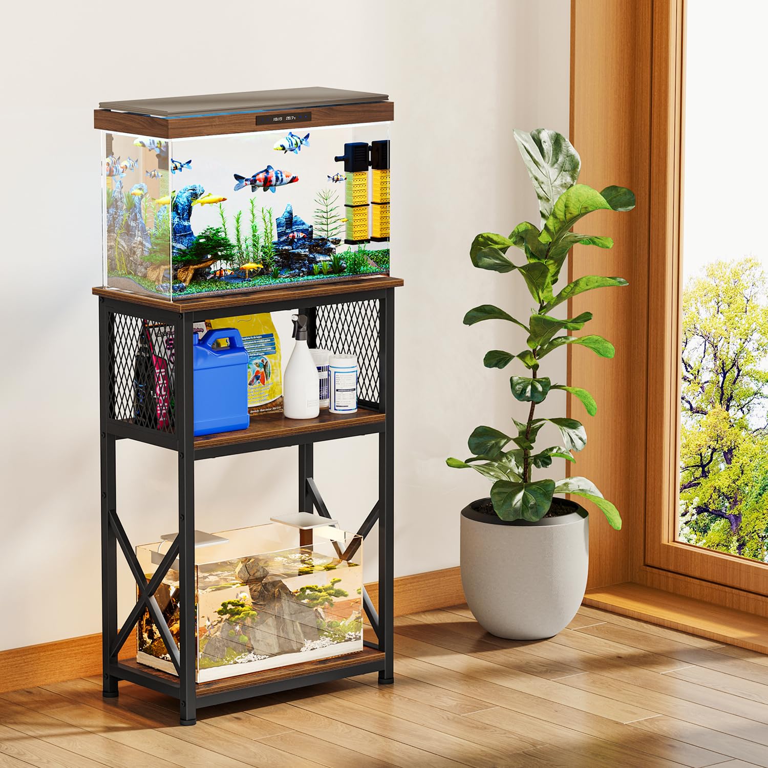 Snughome 10 Gallon Aquarium Stand, 3-Tier Heavy Metal Shelf, 20.47" x 11.42" x 30.91", Rustic Brown, Model YG