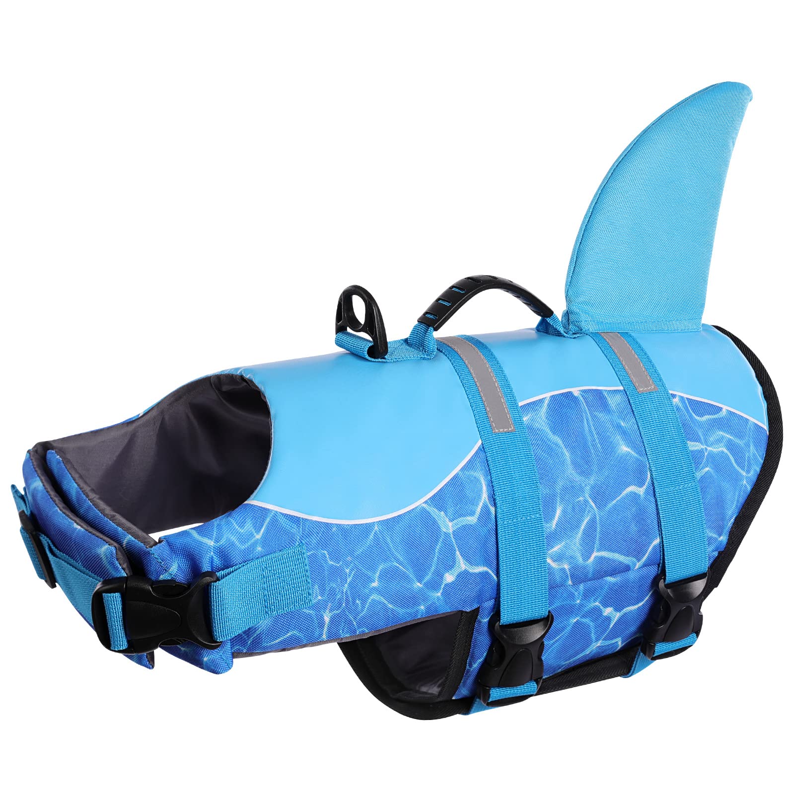 Queenmore Shark Dog Life Jacket For Swimming, High Buoyant Adjustable Vest For Dogs (Blue, L)