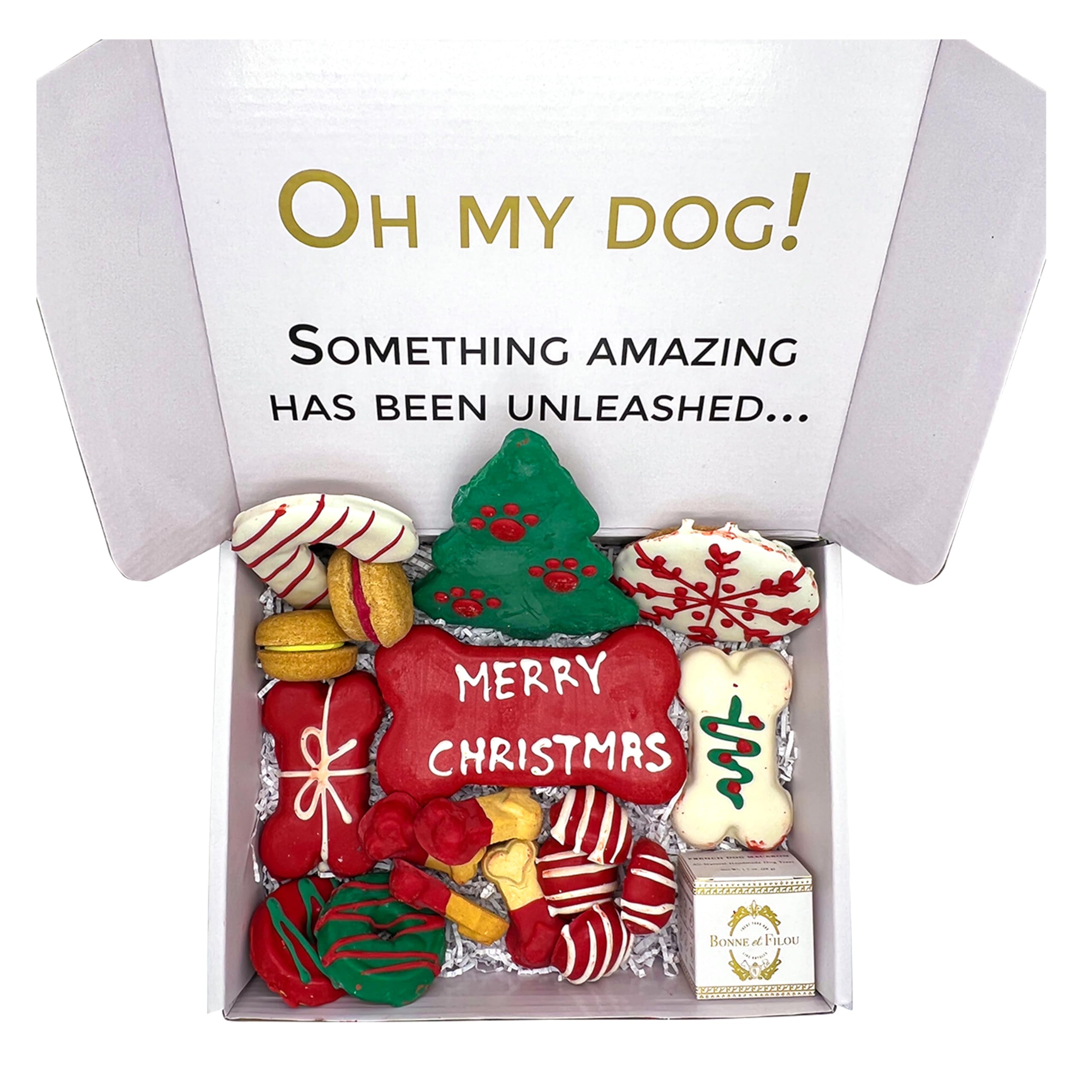 Bonne et Filou Christmas Dog Treats, Luxury Gourmet Gift Box, 18 Hand Designed Macarons, Truffles & Bone Cookies, Perfect Holida