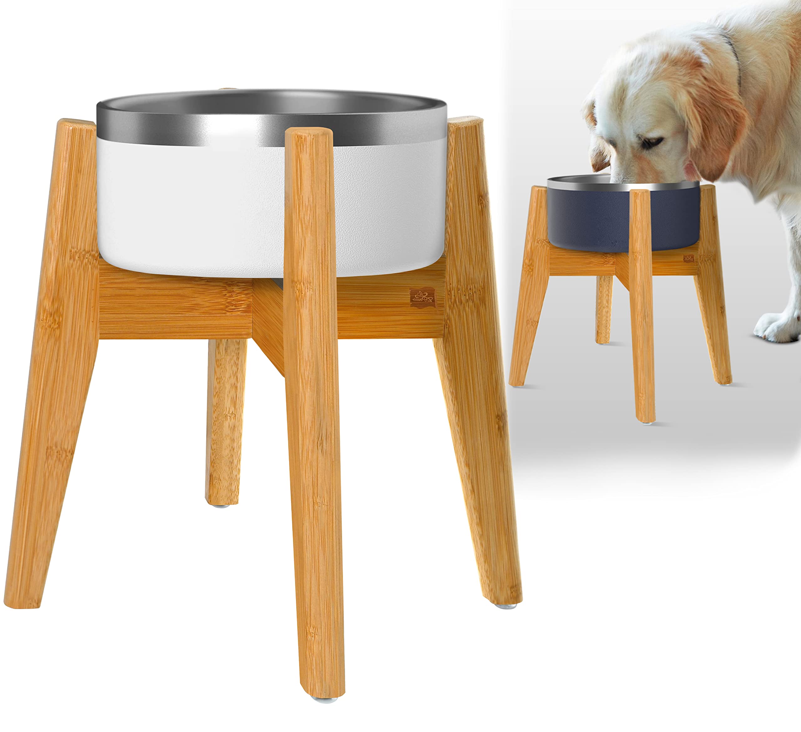 Dog Water Food Bowl Stand for Large Dogs - Holds 8 to 10-inch Bowls Adjustable - Bamboo Holder for Raised Elevated Bowls - Slant