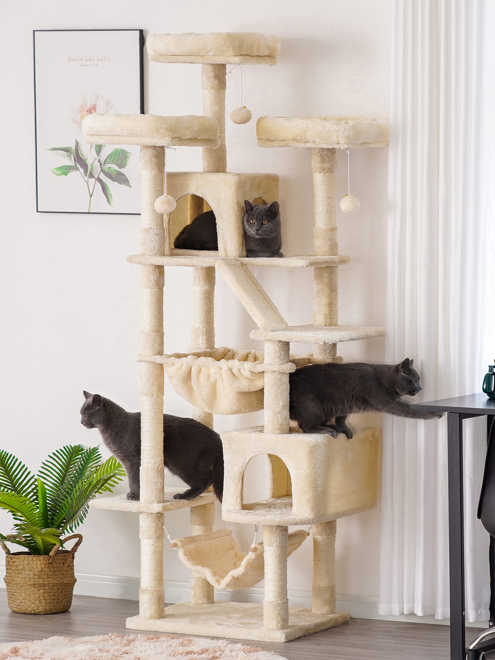 Heybly Cat Tree, 73 Inches Tall Cat Tower For Large Cats 20 Lbs Heavy Duty For Indoor Cats,Big Cat Furniture Condo For With Padded Plush Perch, Cozy Basket And Scratching Posts Beige Hct030M