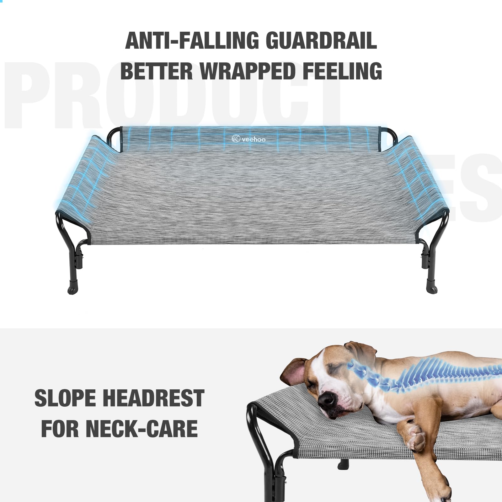 Veehoo Cooling Elevated Dog Bed, Raised Pet Cot With Guardrail & Slope Headrest, Durable Breathable Teslin Mesh, Non-Slip Feet,