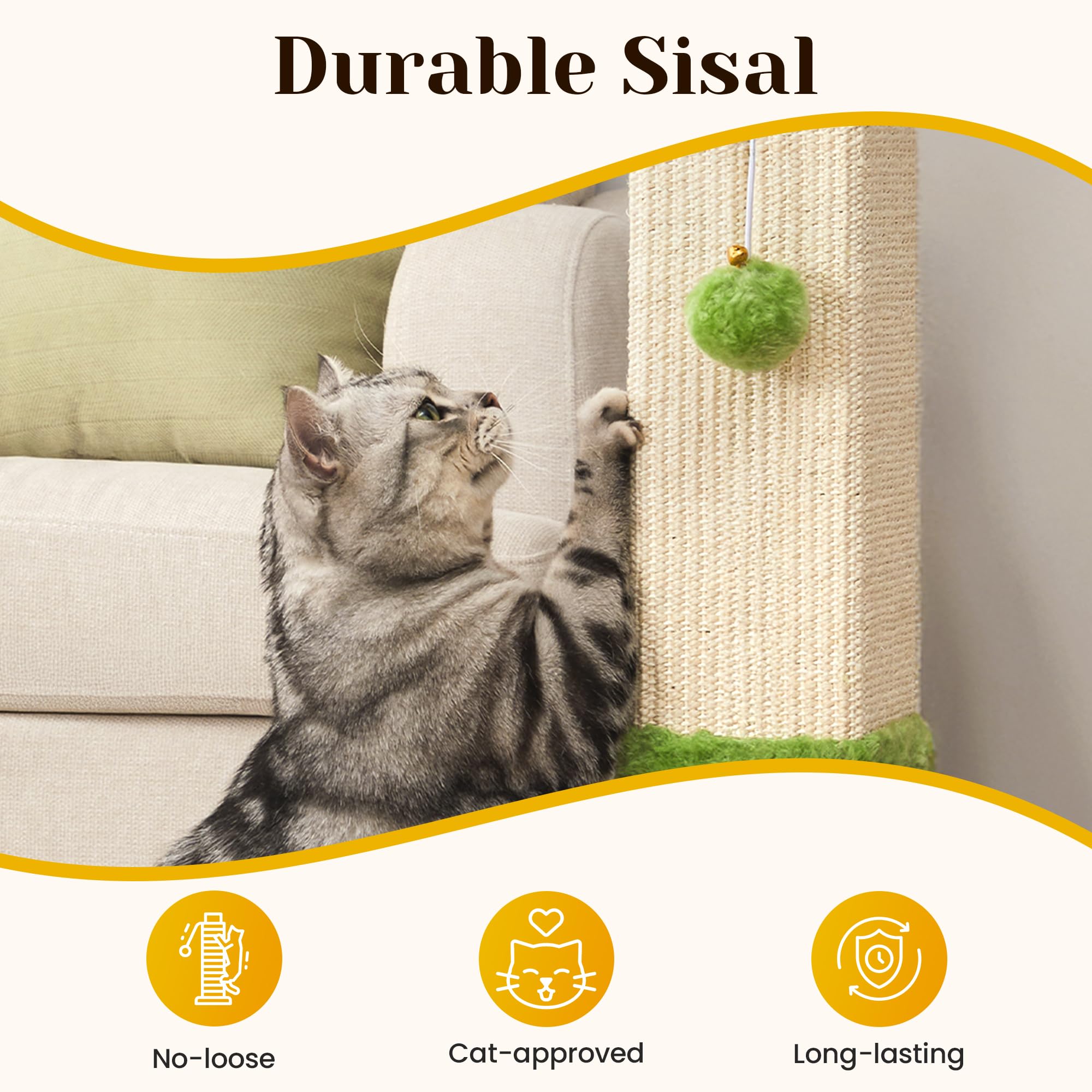 Fansafurn Cat Scratching Post with Hanging Toy Ball, 32-Inch Tall Sisal Cat Scratcher for Indoor Cats, Green