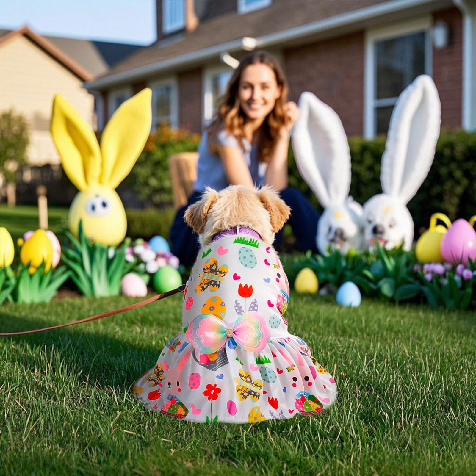 Habbiful Pet Dog Easter Outfit, Egg Bunny Flower Colorful Dog Dress Spring Summer Pet Doggie Apparel For Dogs Cats Gifts, L