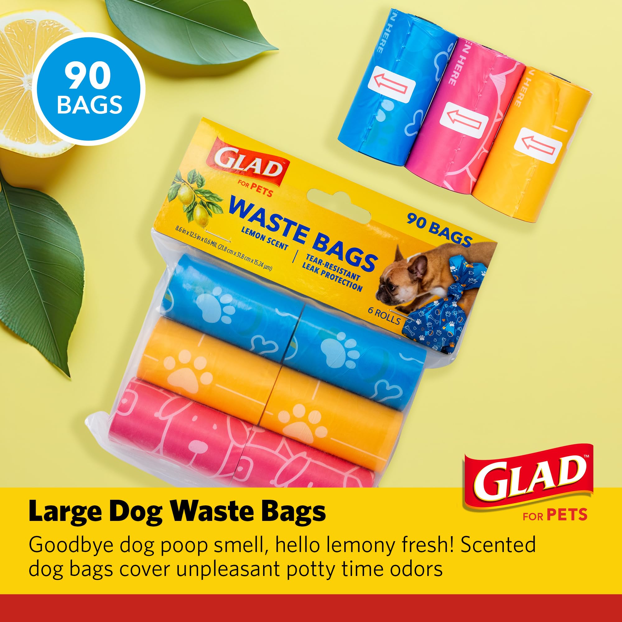 Glad for Pets Scented Waste Bags, Tear Resistant, 90 Count, Multicolor, Lemon Scent, Model FF37259