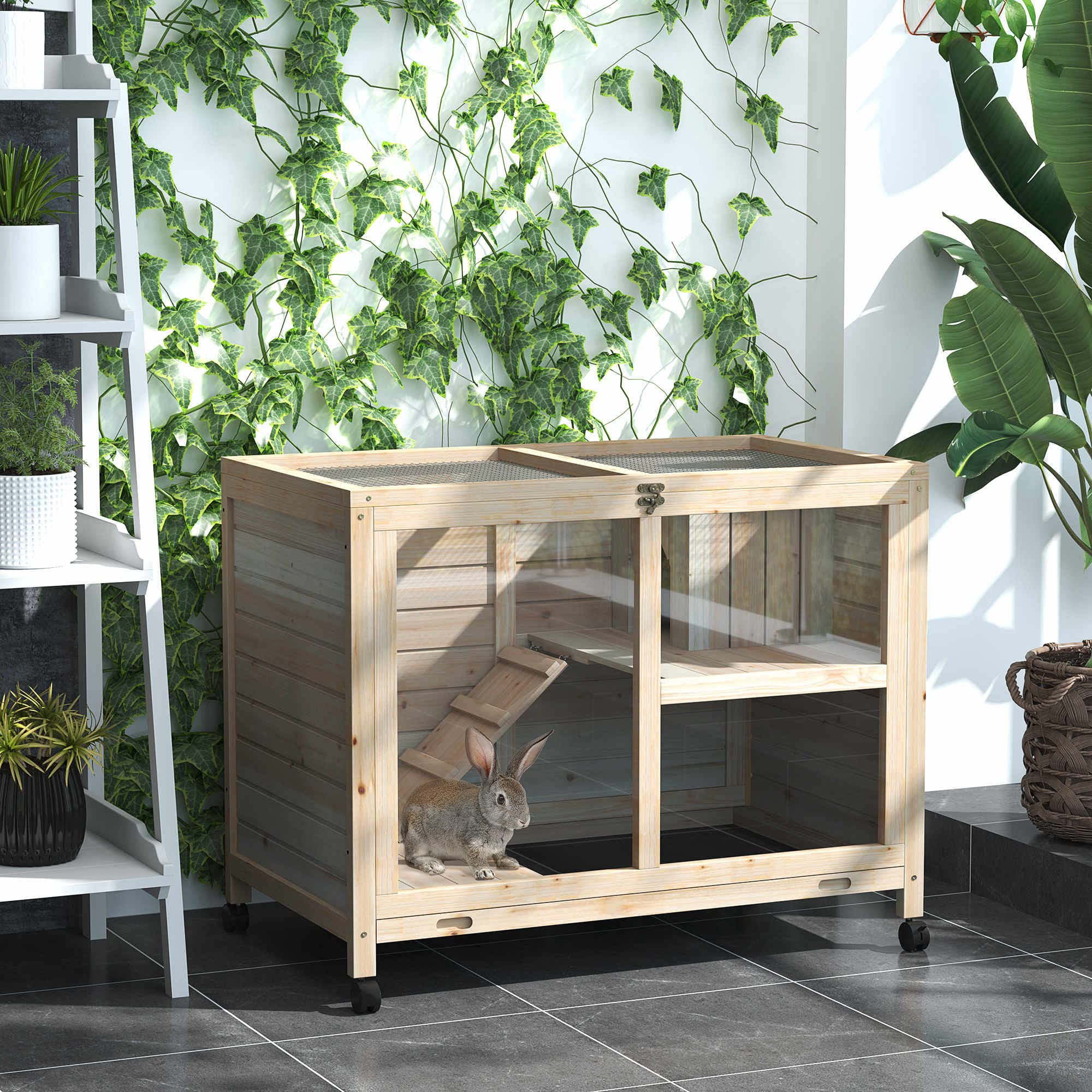 PawHut Indoor Rabbit Hutch with Wheels, 36"L x 21"W, Natural Fir Wood, Model D51-124ND, Waterproof Small Cage