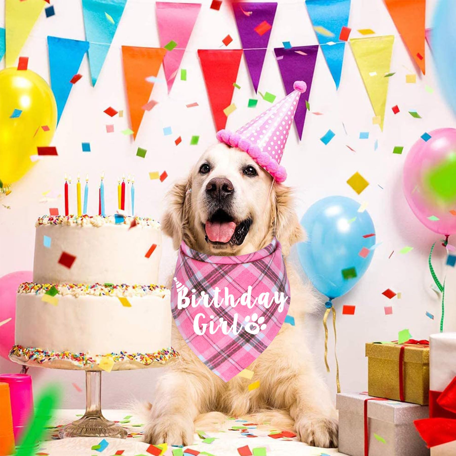 Jotfa Dog Birthday Bandana, Multi Sizes Birthday Bandana For Dogs Dog Birthday Girl Bandana For Extra Large Dogs Pets (Pink, X-L