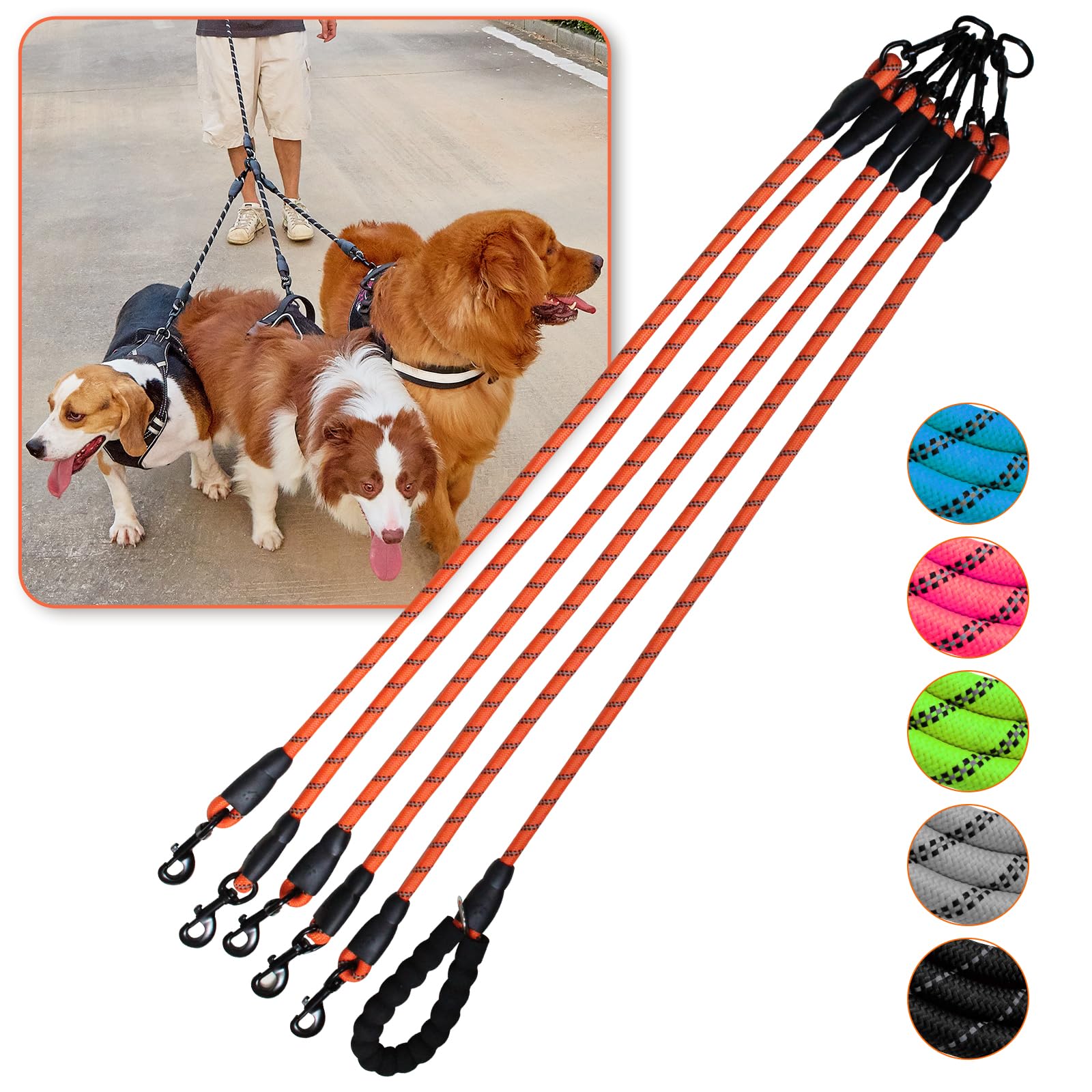Dog Double Leashes,Comfortable Dog Leash With Reflective,No Tangle Triple Leash For Dogs (Orange Five Leashes)