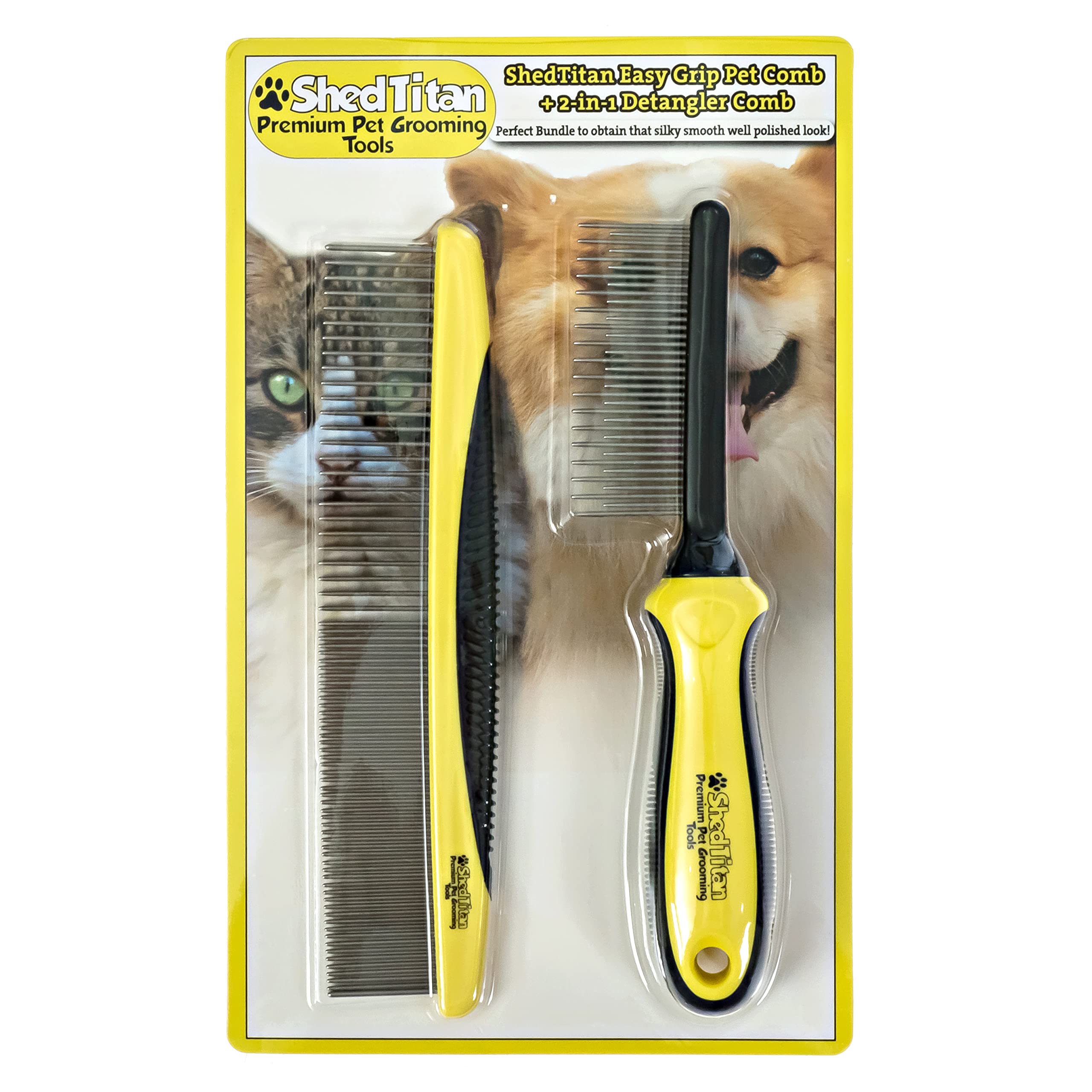 SHEDTITAN Metal Dog Comb Set - Detangler for Matted Fur - 2 Piece Set - Yellow/Black