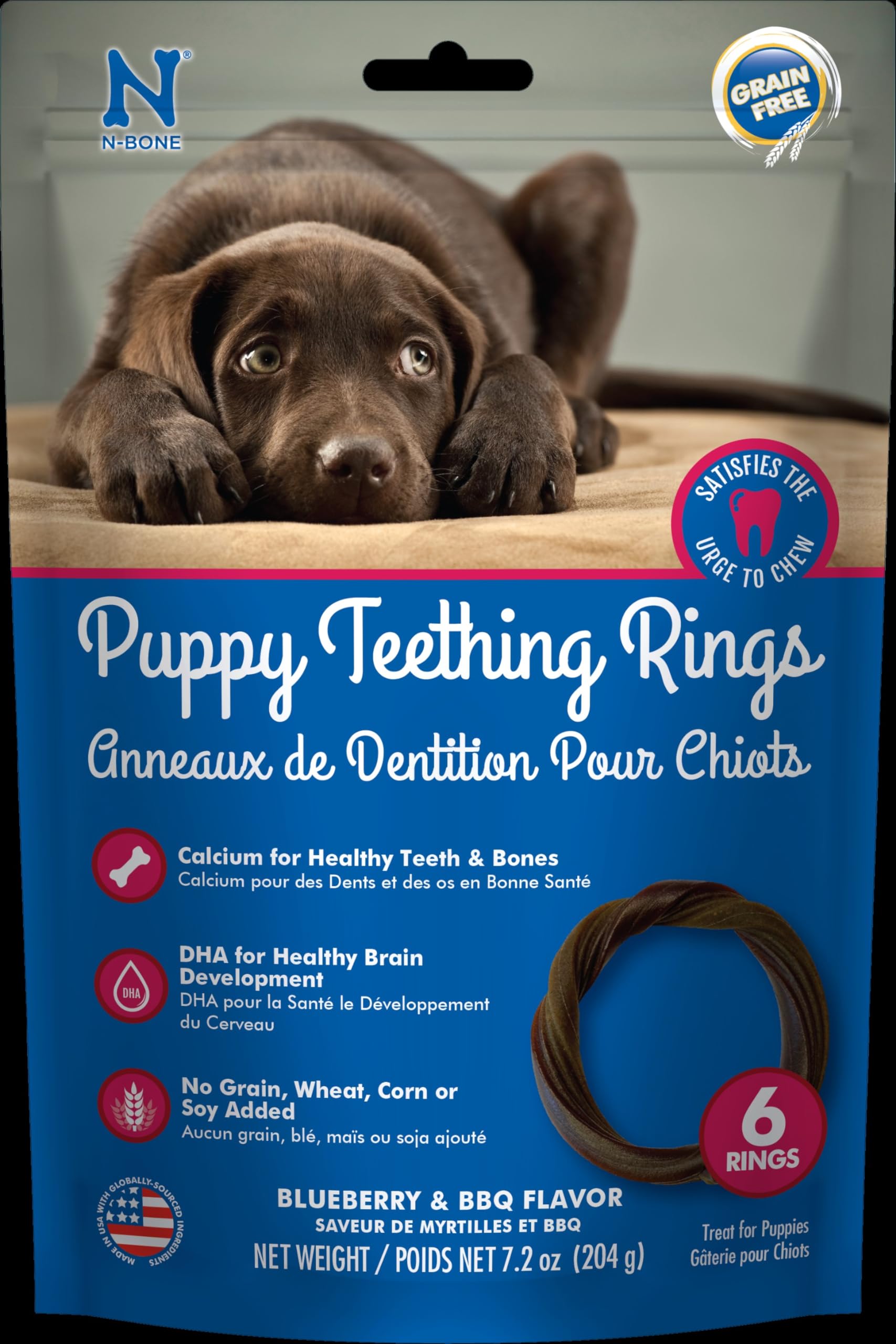 N-Bone Puppy Teething Rings Grain-Free Blueberry & Bbq Flavor Dog Treat, 6 Count Bag, 7.2-Oz