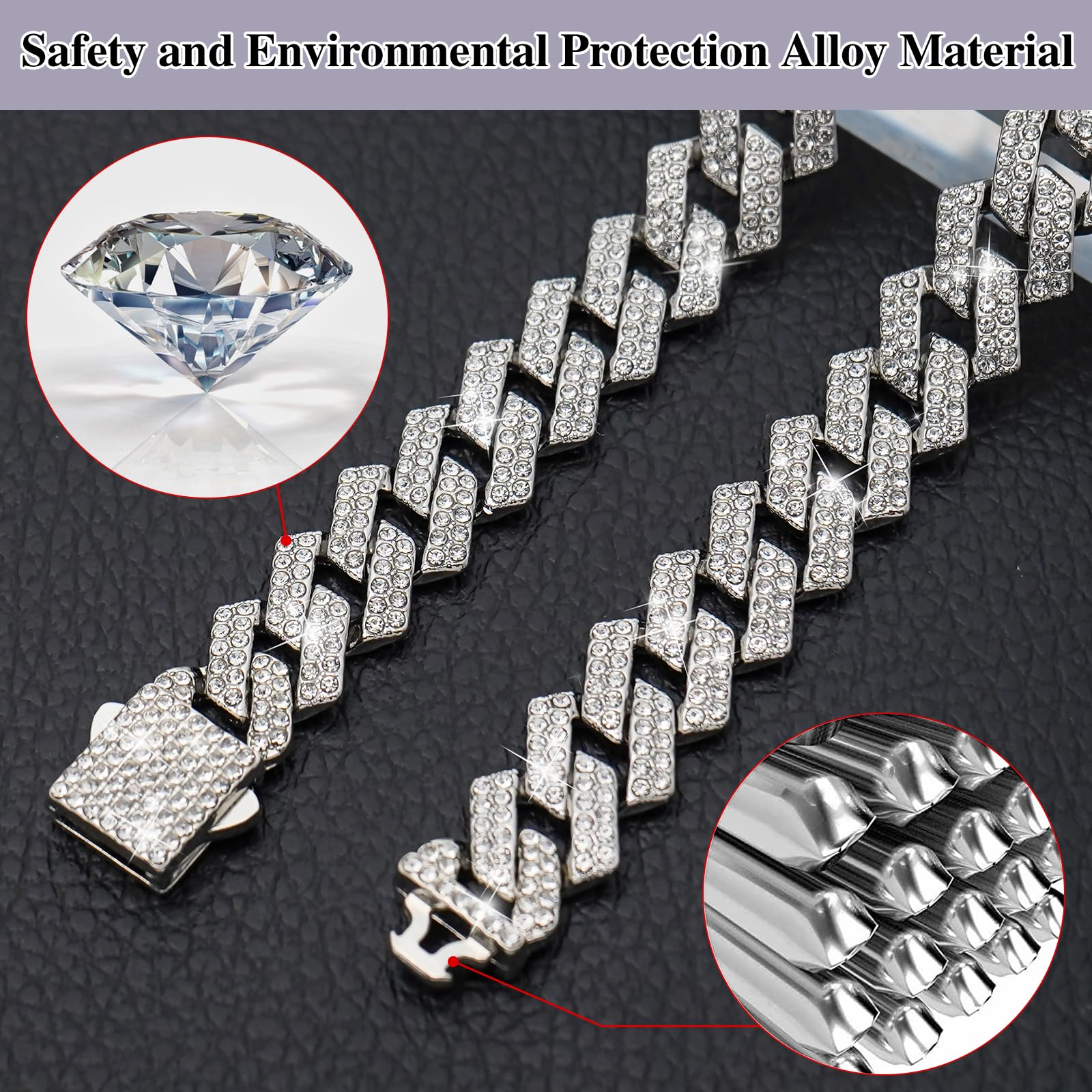 Jewphx Silver Dog Chain Collar Diamond Link 15Mm Wide Dog Necklace Metal Cat Chains Pet Crystal Collars Jewelry Accessories For