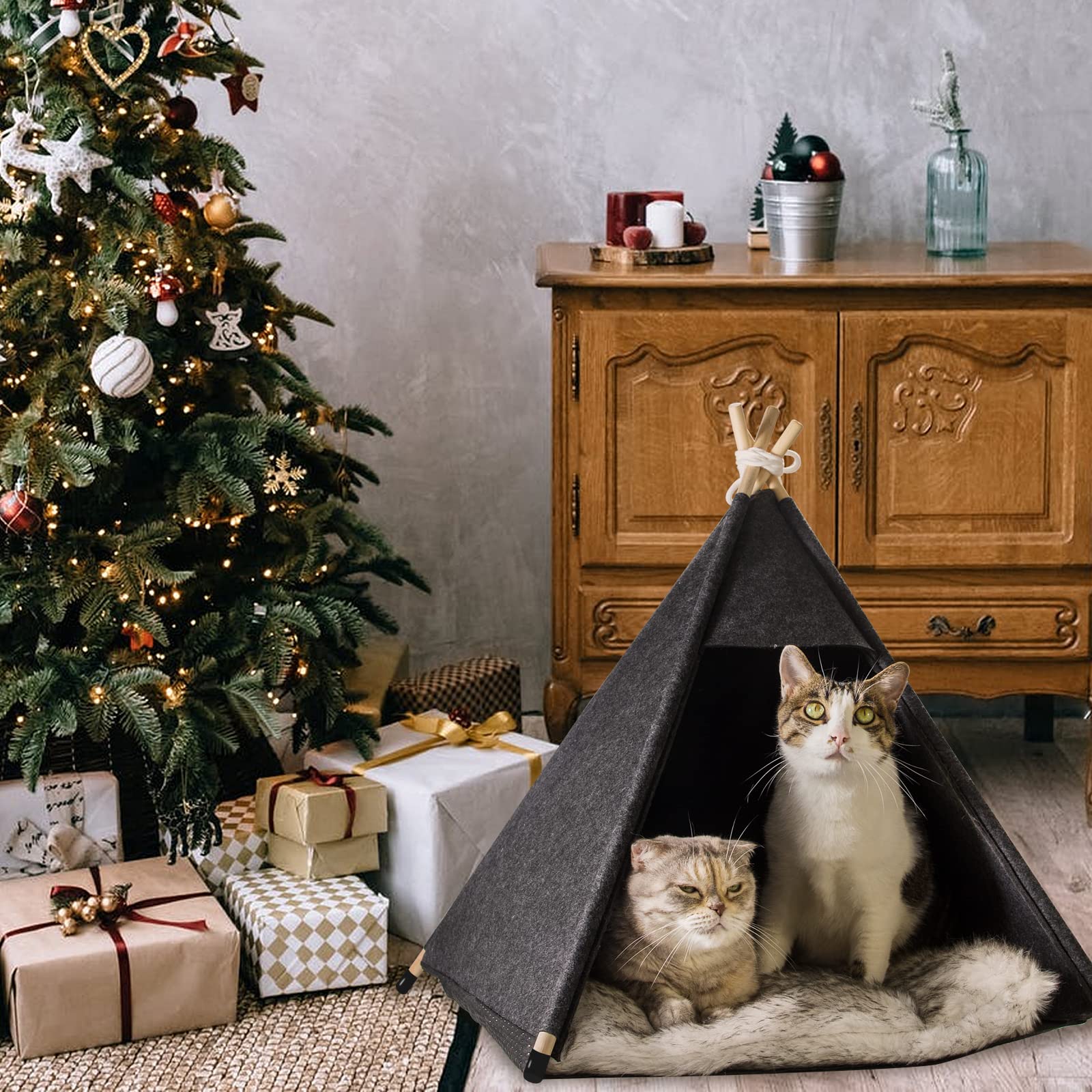 Qucey Pet Teepee Tent For Cats And Small Dogs - Cozy Portable Cat Dog House With Thick Cushion Washable For Indoor Outdoor Use